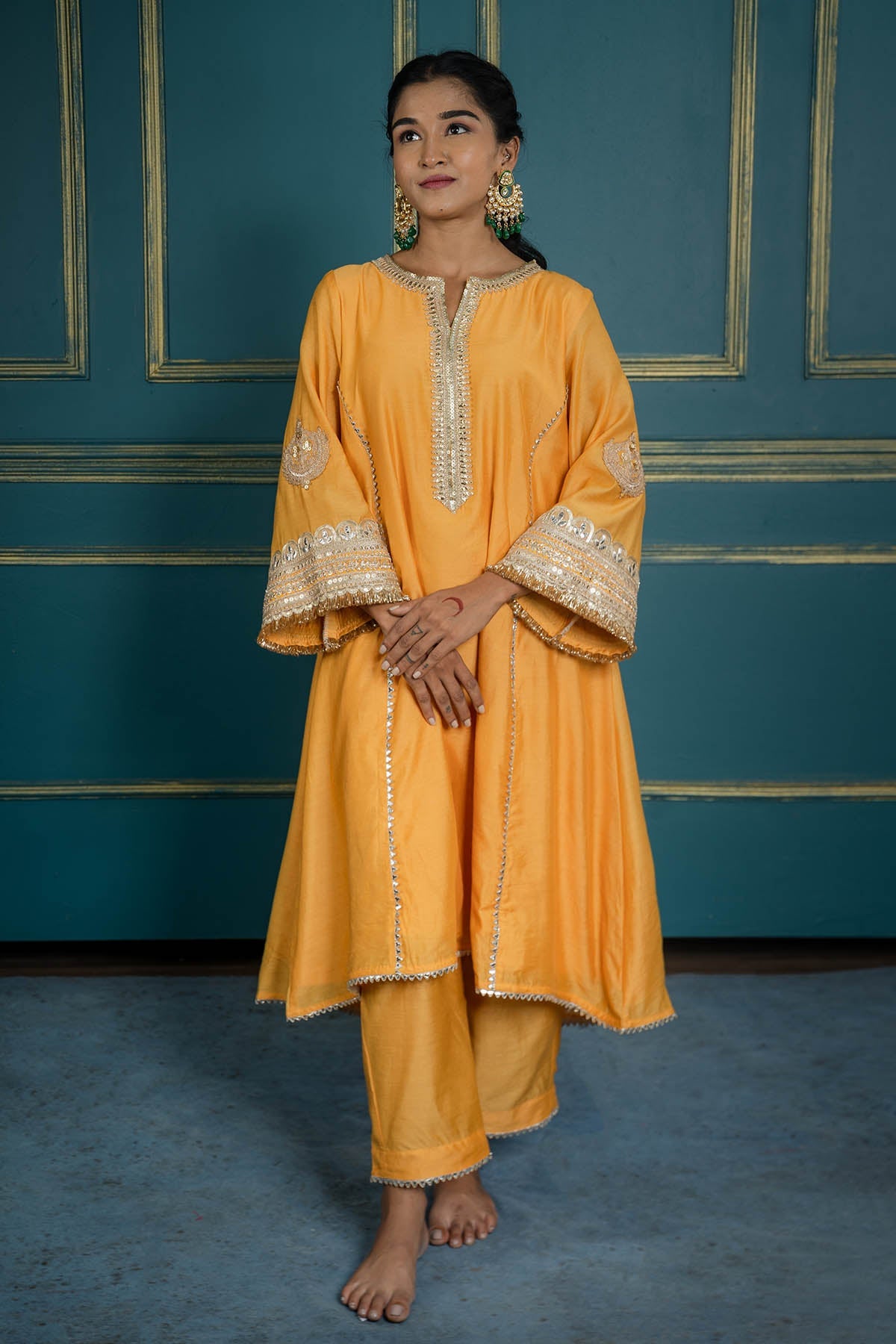 Buy Mustard Chanderi Lace Kurta Set by Shop Gulmohar for women online at ScrollnShops