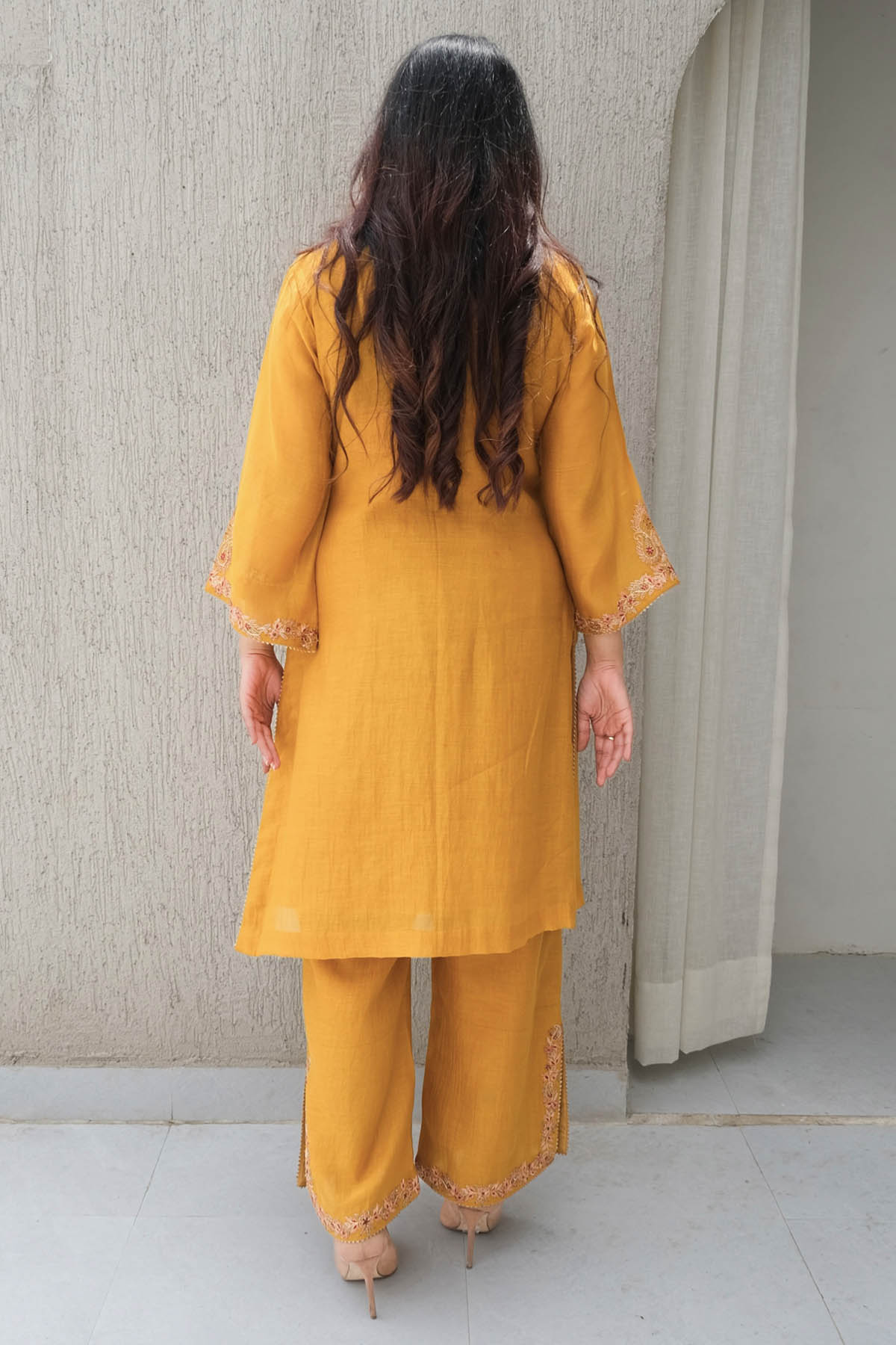 Mustard Chanderi Mul Kurta Set