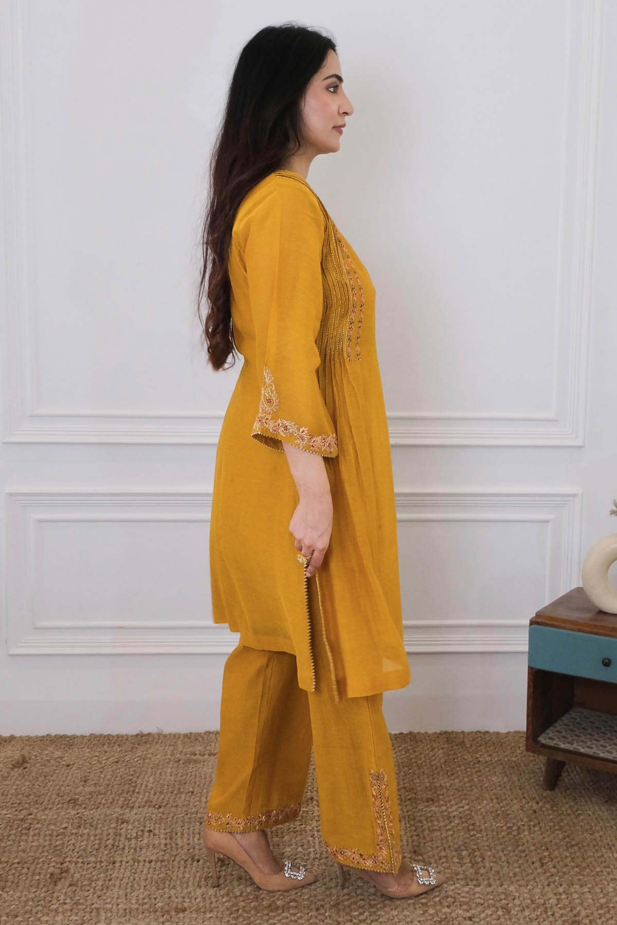 Mustard Chanderi Mul Kurta Set