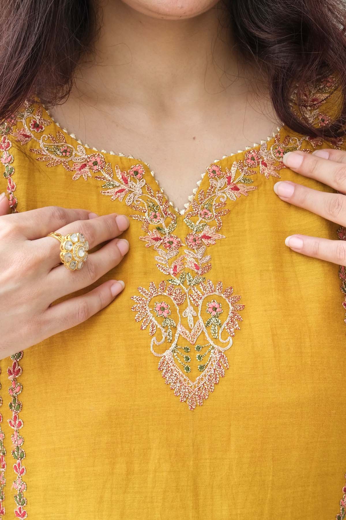 Mustard Chanderi Mul Kurta Set