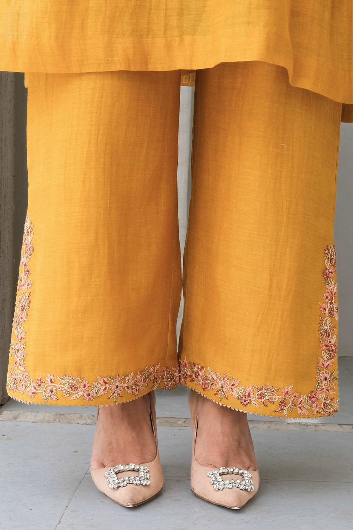 Mustard Chanderi Mul Kurta Set
