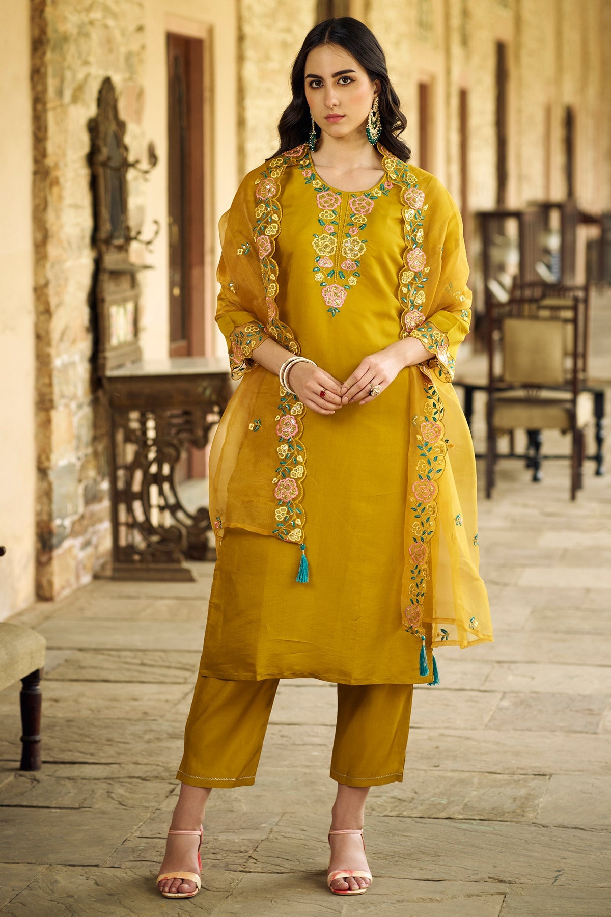 Buy Mustard Chanderi Silk Kurta Set for women by Aastha Fashion online available at scrollnshops