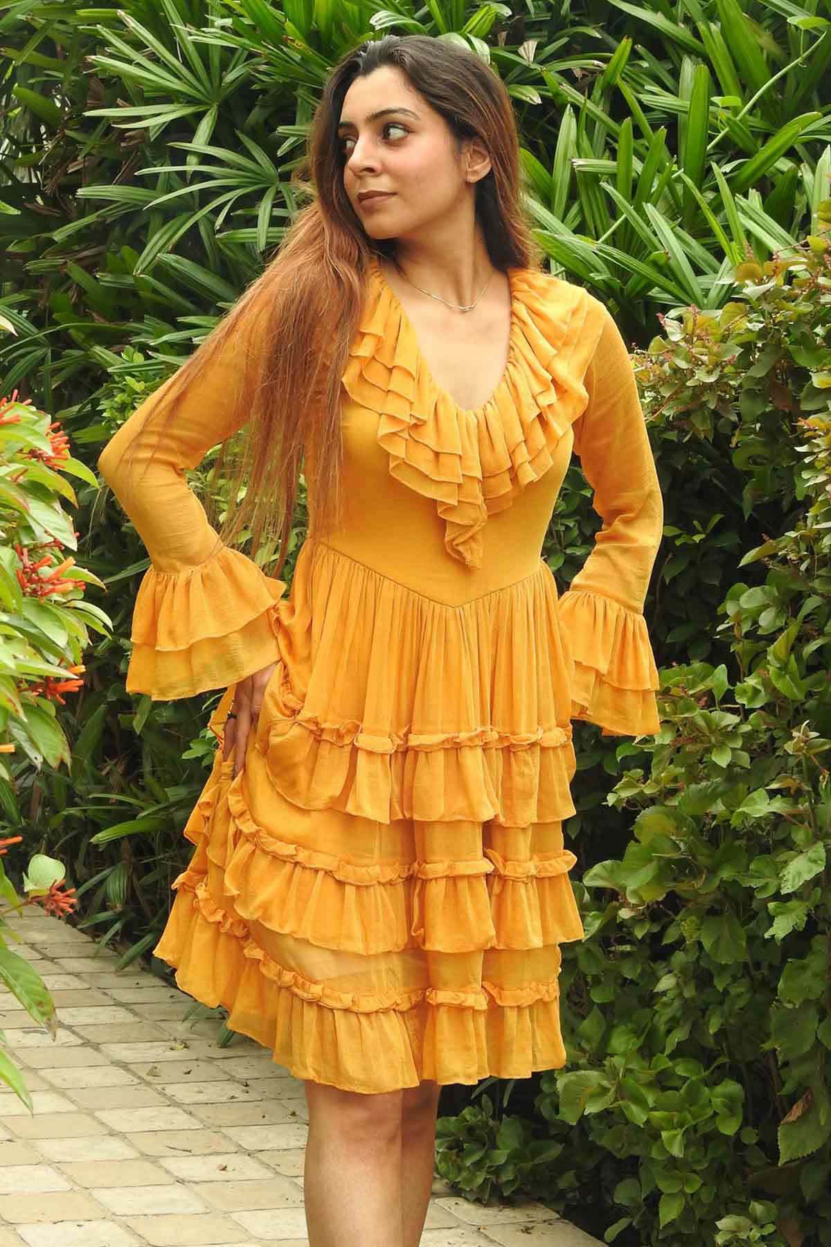 Mustard Chiffon Flowing Dress