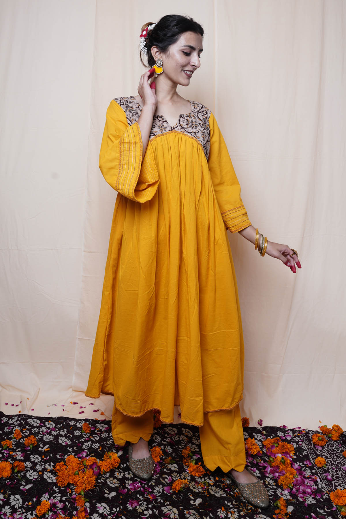 Mustard Cotton Flared Kurta Set