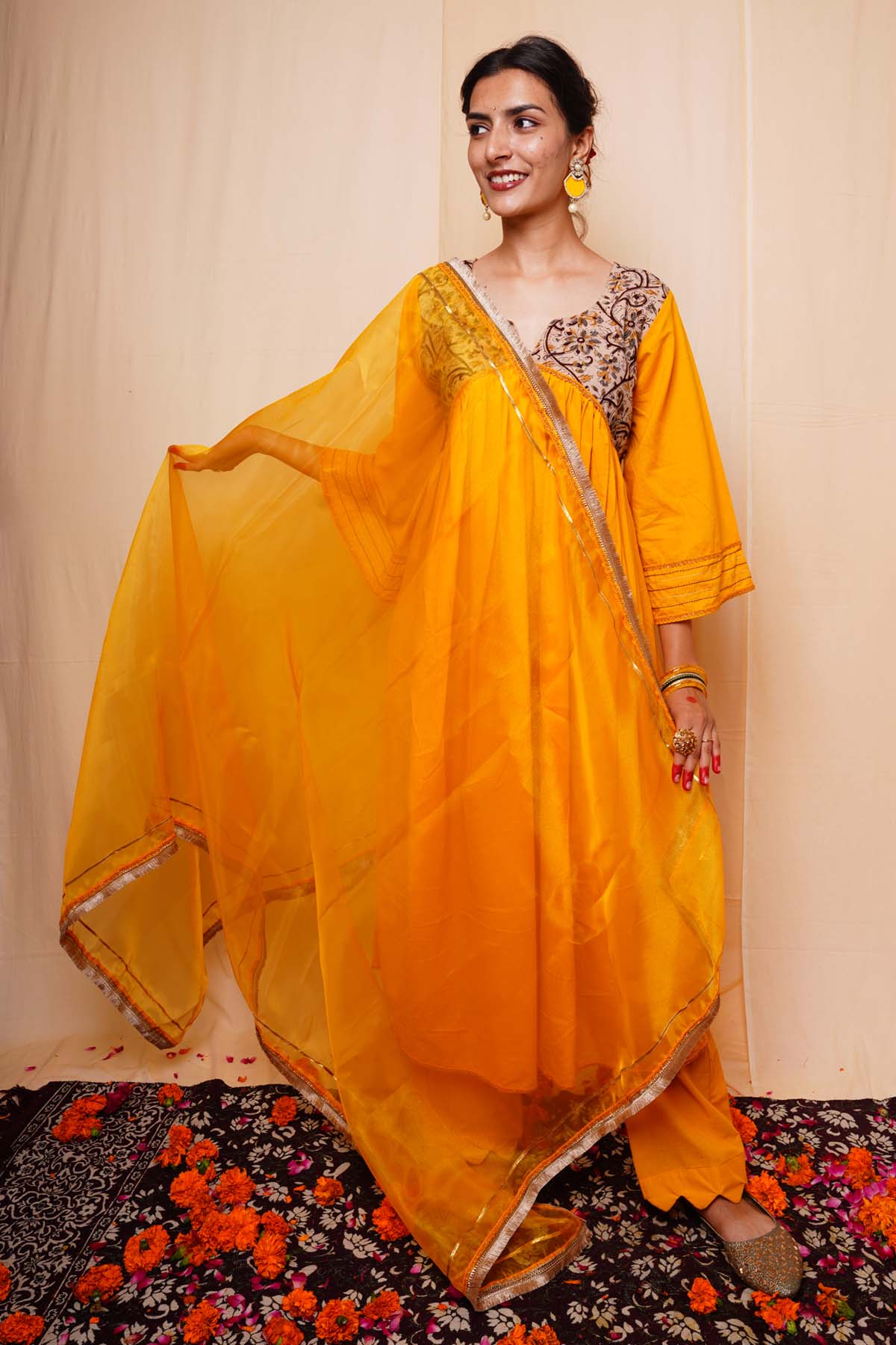 Buy Mustard Cotton Flared Kurta Set for Women Online