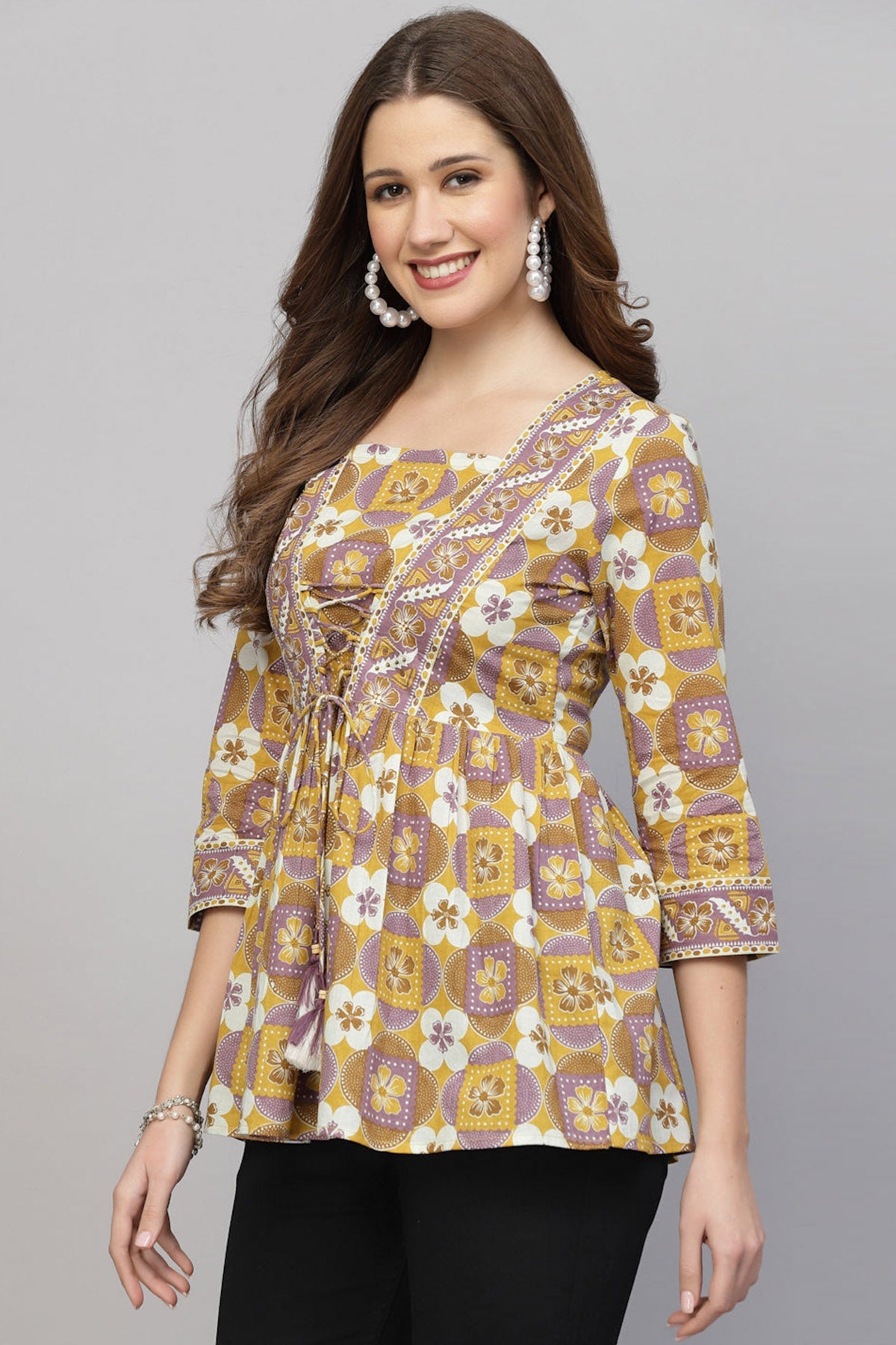 Buy Mustard Cotton Tie Up Waist Top for Women by Qomn Designer online available at scrollnshops
