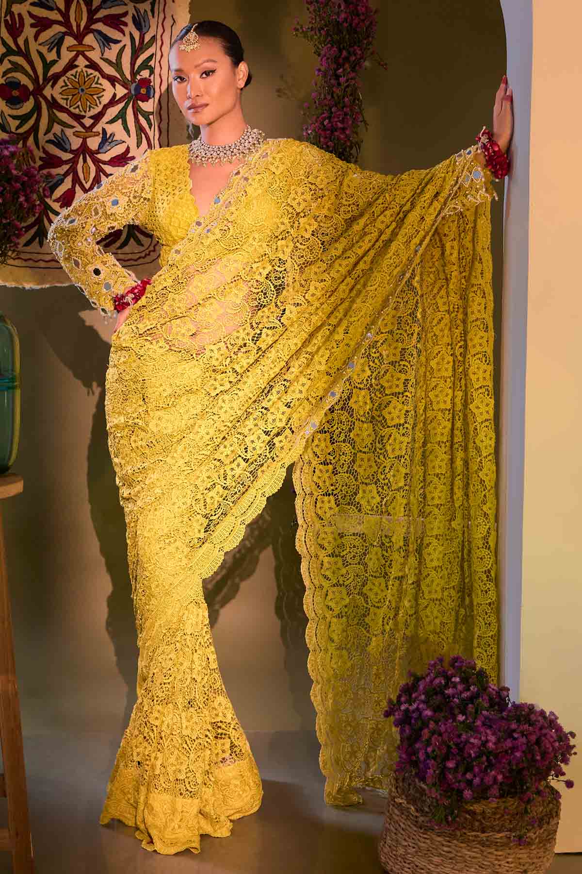 Aishwarya Tyagi Mustard Cut Work Saree & Blouse for women online at ScrollnShops