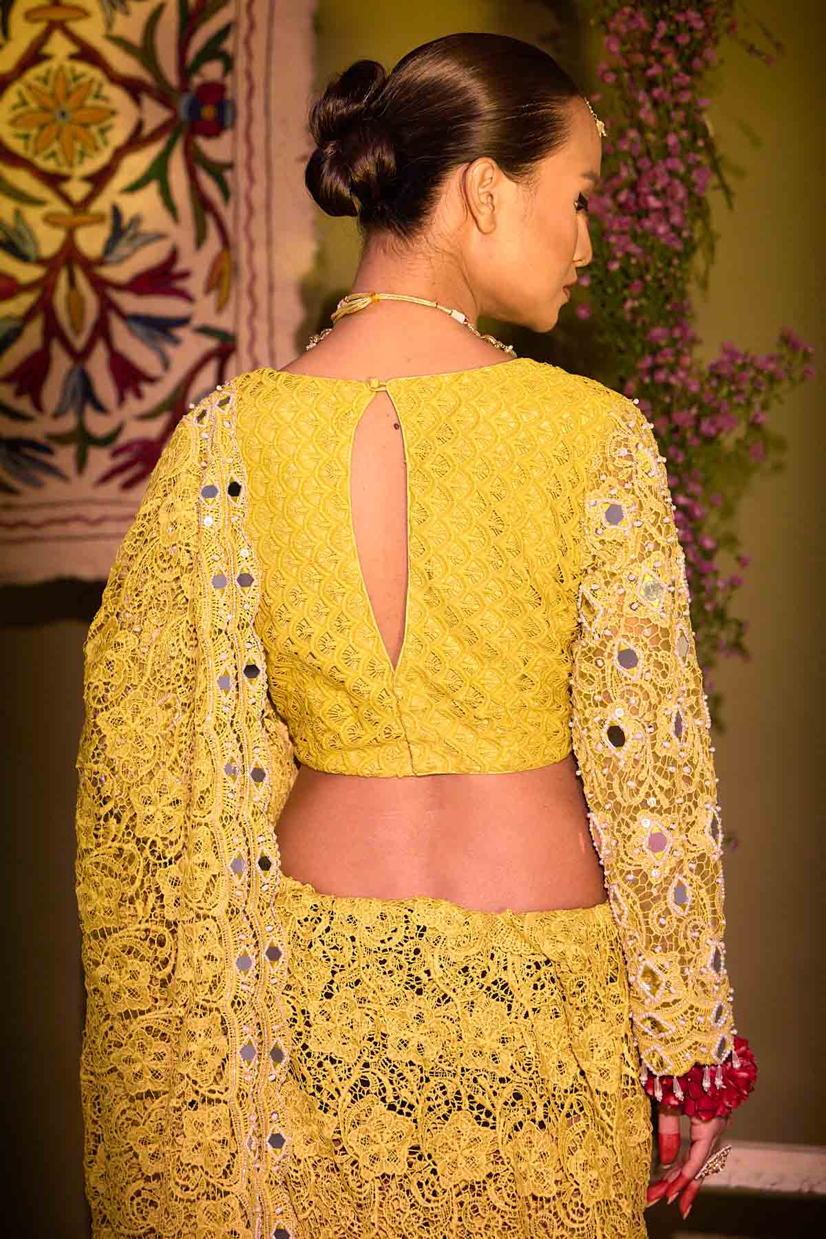 Mustard Cut Work Saree & Blouse