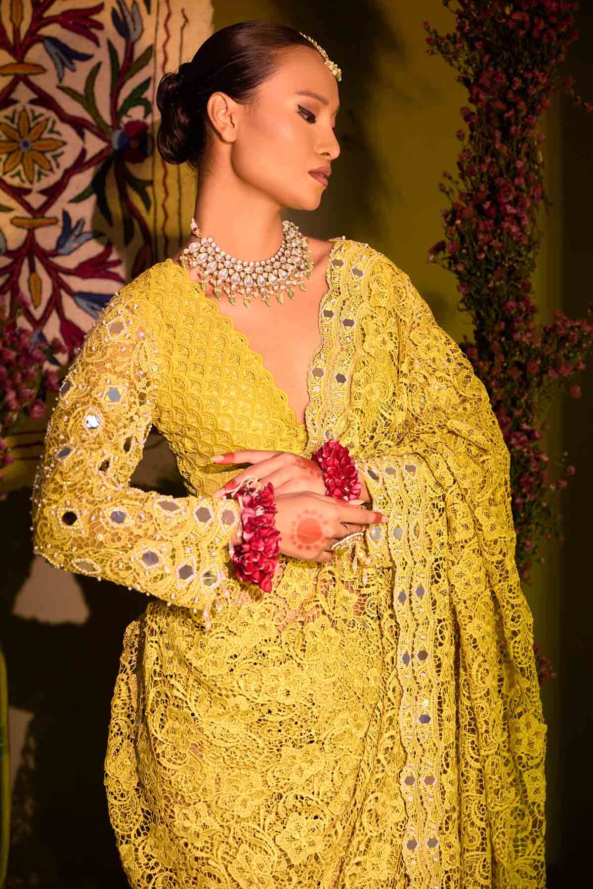 Mustard Cut Work Saree & Blouse