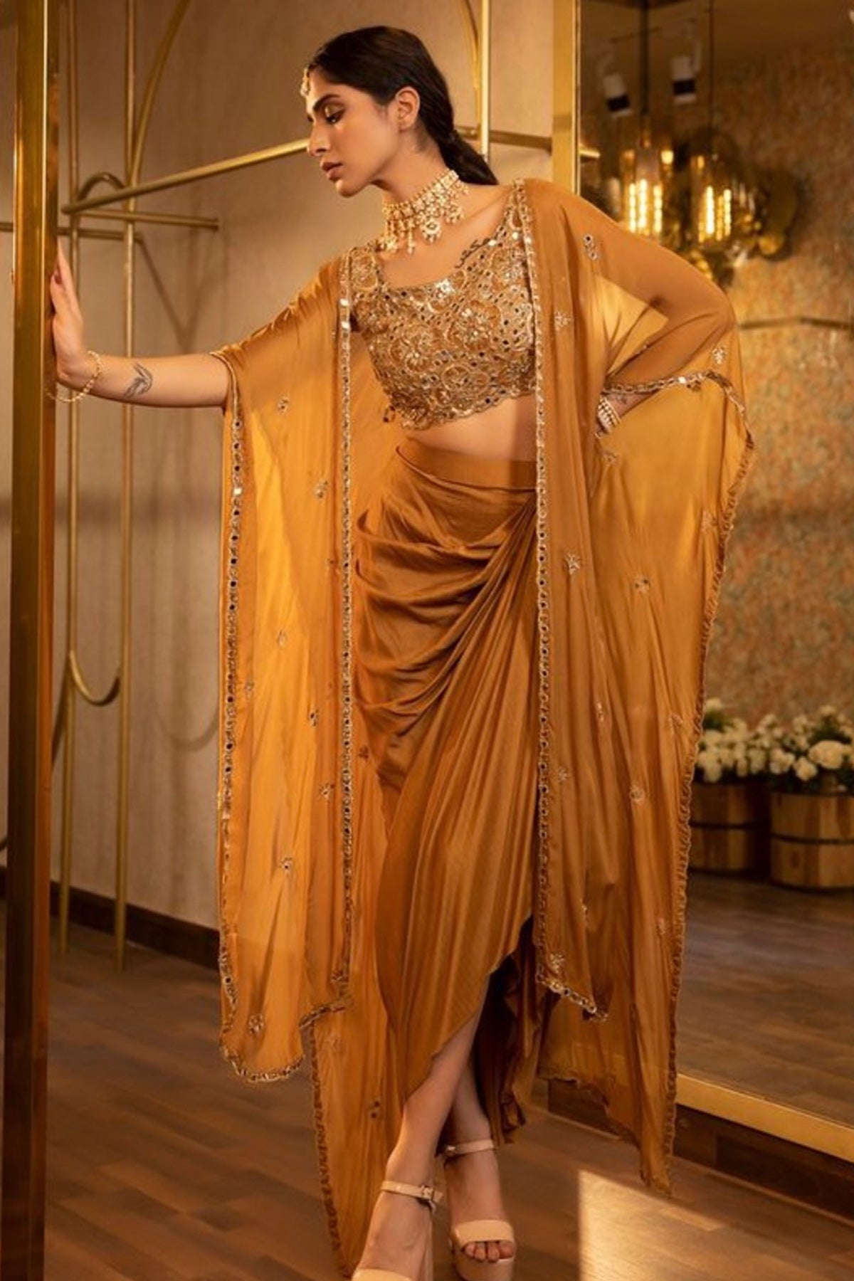 Buy Mustard Cutdana Work Skirt Set by Harshita for women online at ScrollnShops