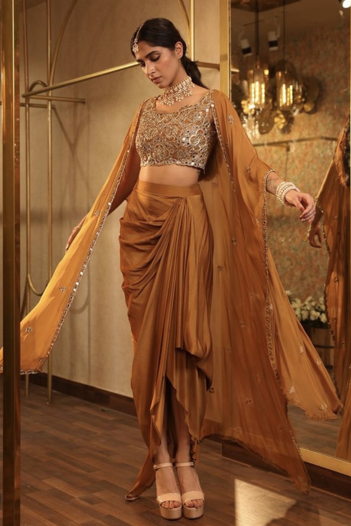 Mustard Cutdana Work Skirt Set