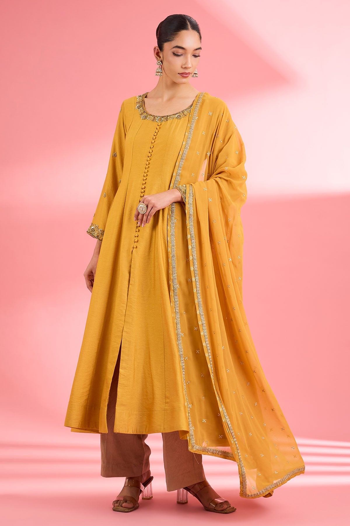 Buy Mustard Dabka Sequins Kurta Set for women by Milu Madan online available at scrollnshops