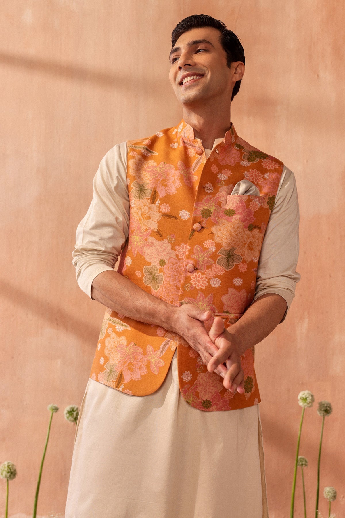 Buy Mustard Digital Printed Bundi by Seema Nanda for men online at ScrollnShops