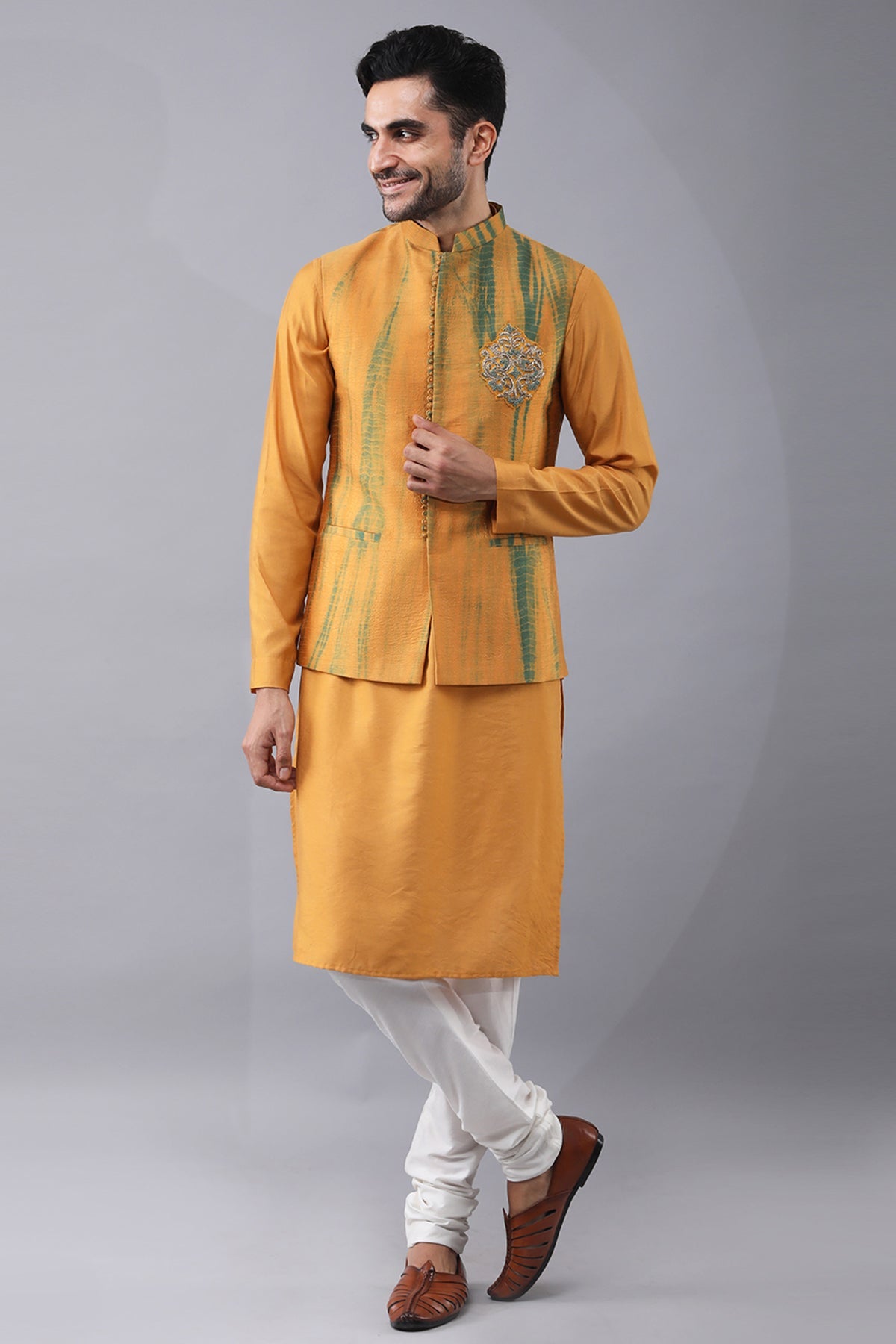 Buy Mustard Embroidered Bundi Set by Manish Nagdeo for Men online at ScrollnShops