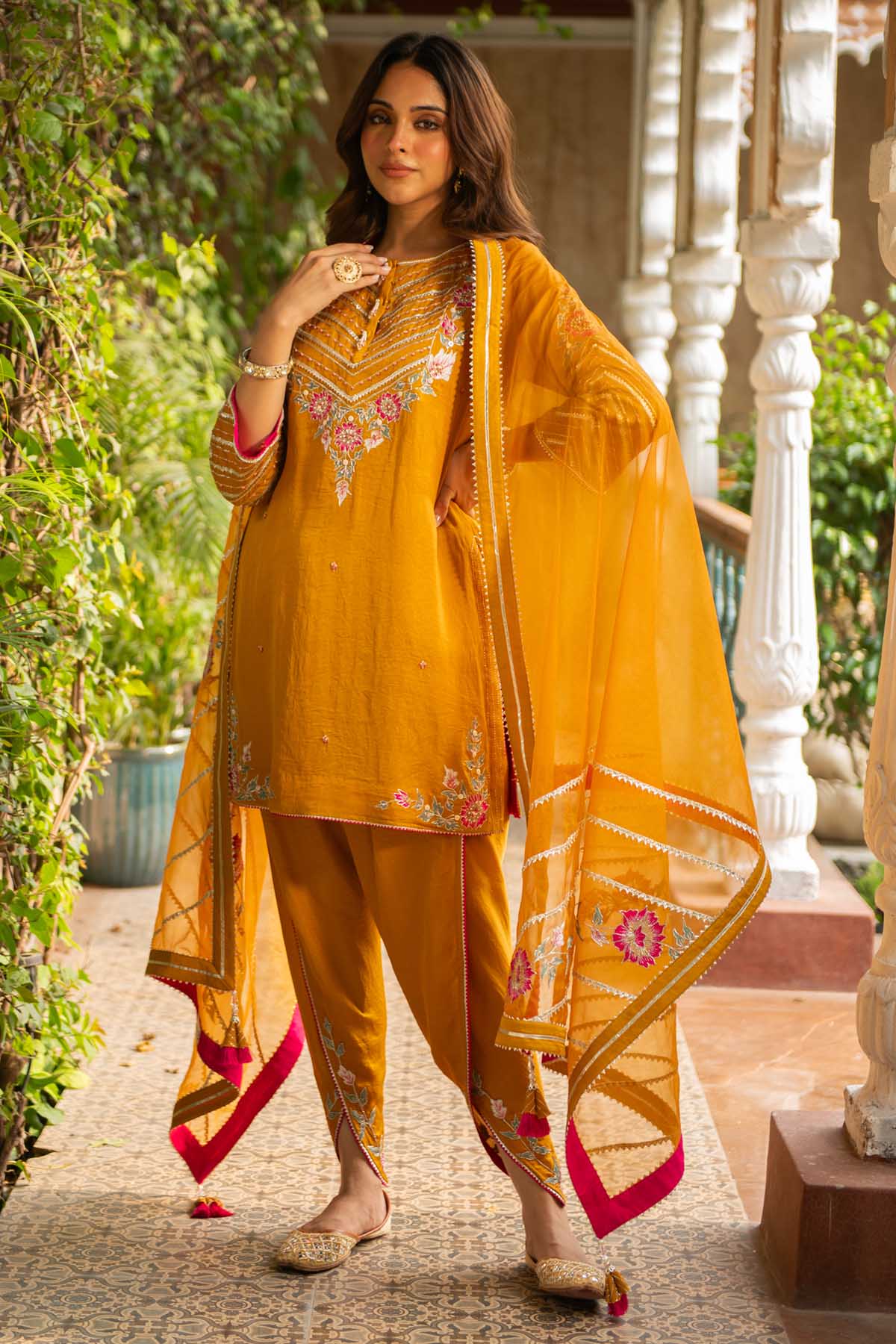 Mustard Embroidered Dhoti Set
