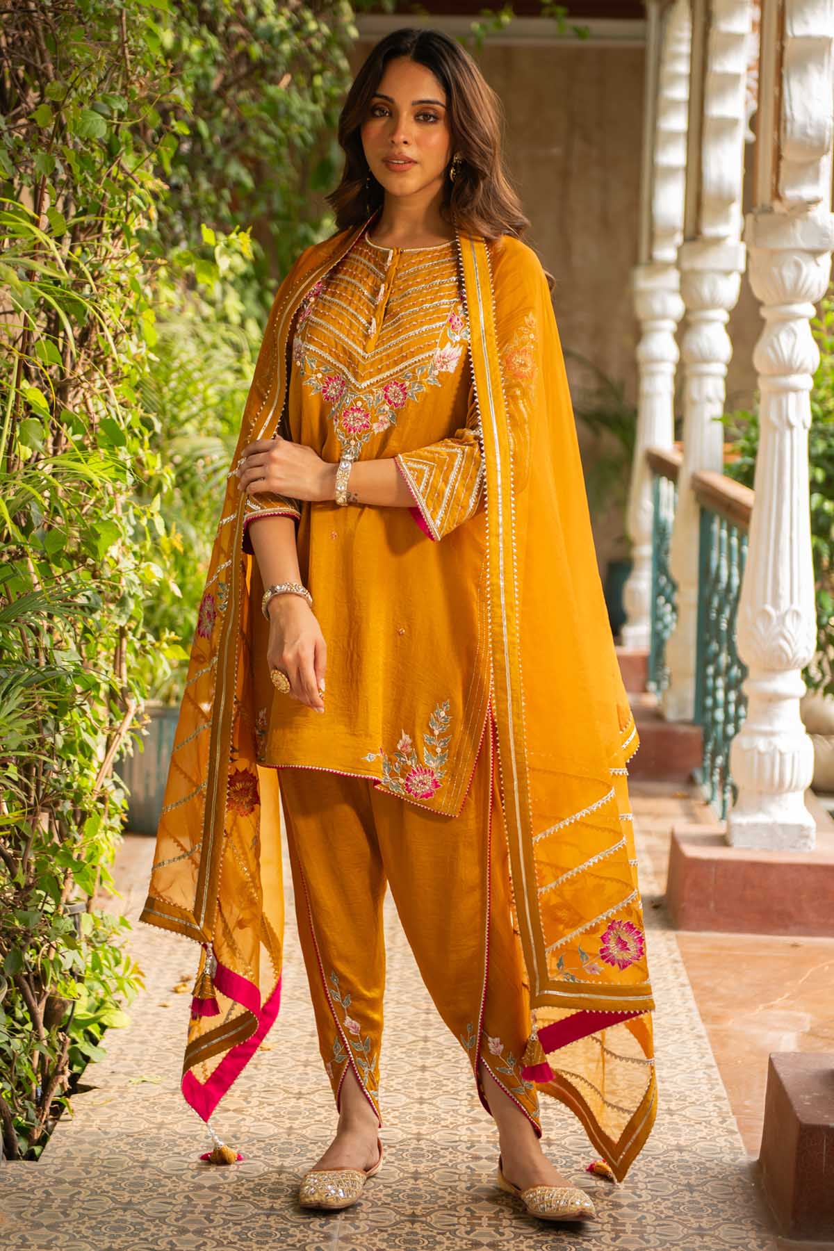 Mustard Embroidered Dhoti Set