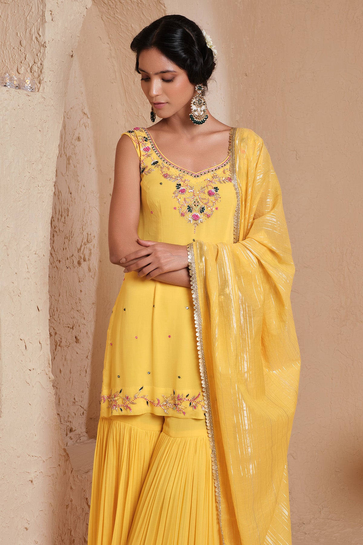 Mustard Embroidered Gharara Set