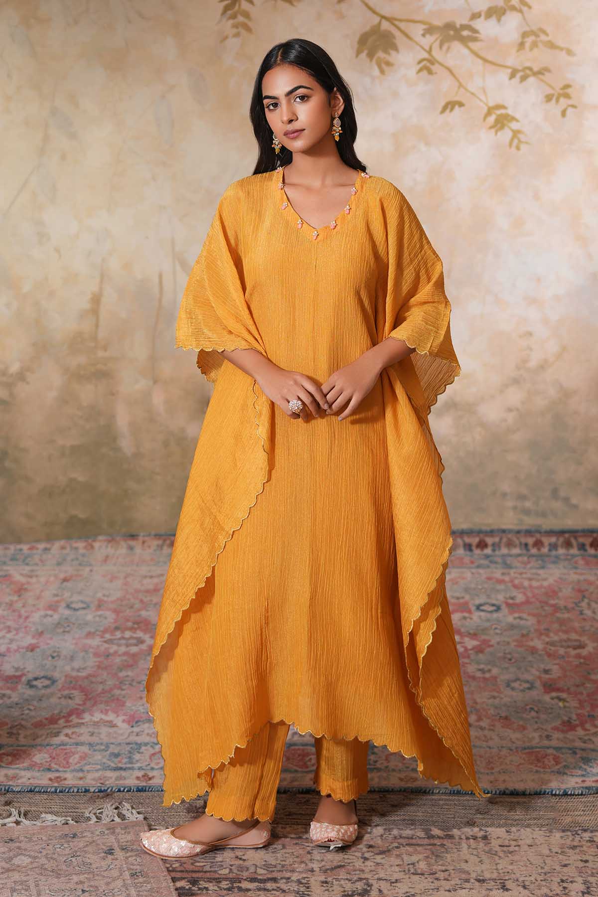 Buy Mustard Embroidered Kaftan Set by Ugna by Unnati for women online at ScrollnShops