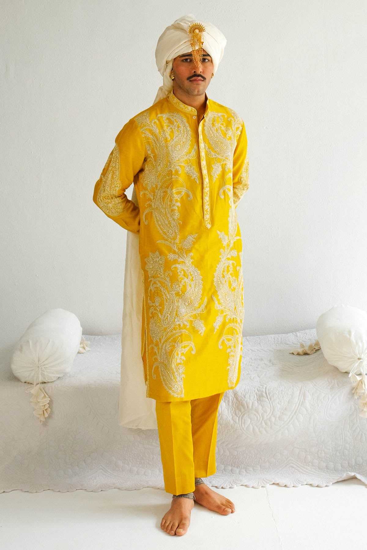 WABI SABI Mustard Chanderi Dori Kurta Set for men online at ScrollnShops