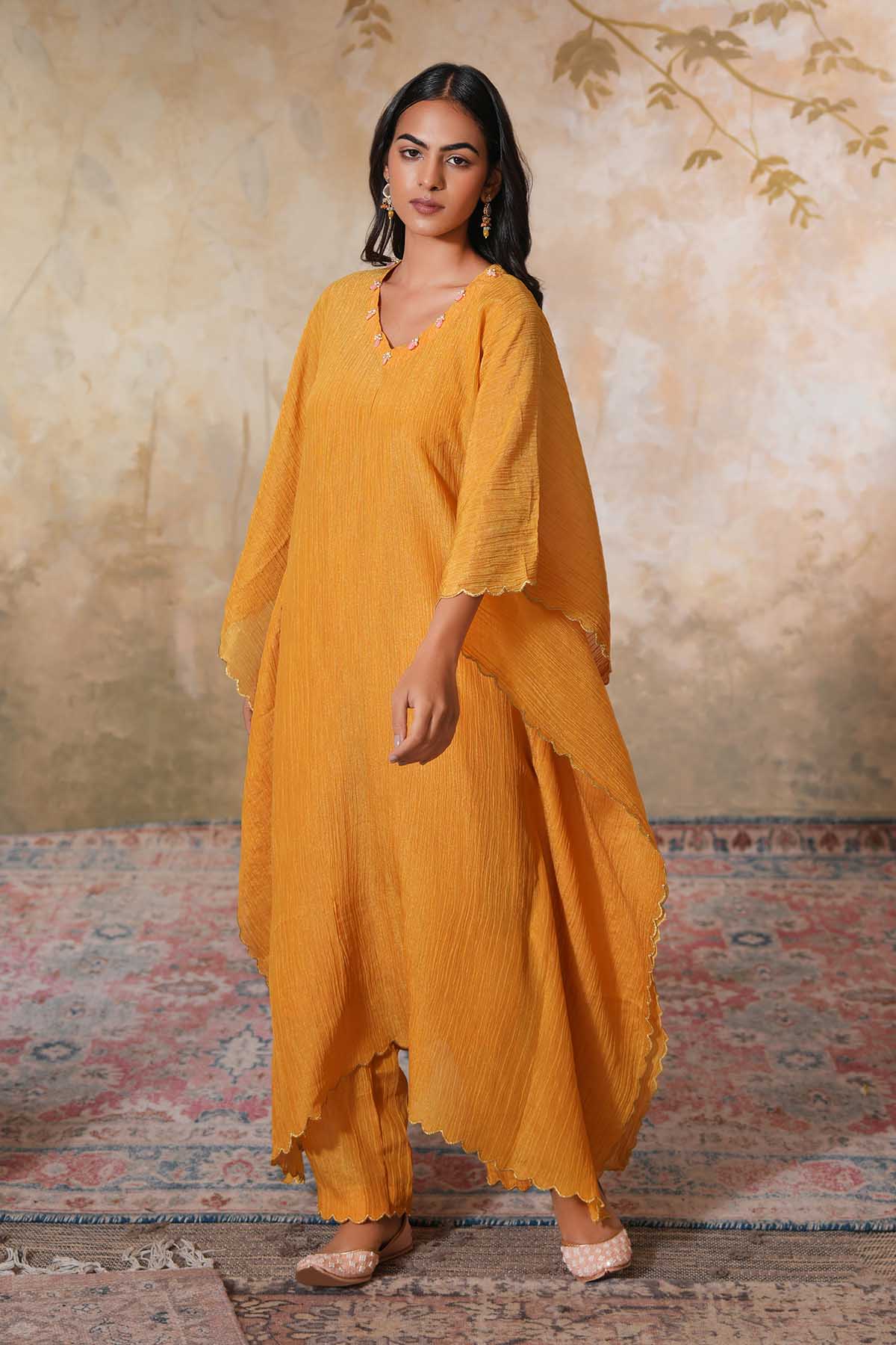 Mustard Embroidered Long Kaftan