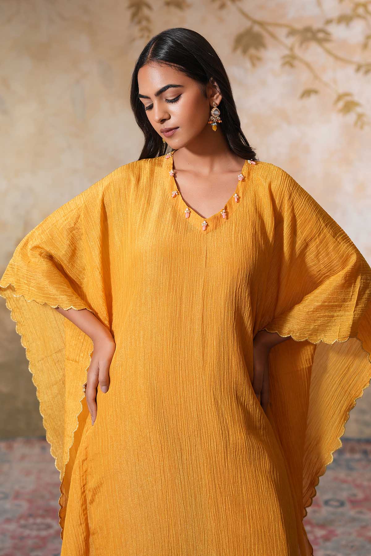Mustard Embroidered Long Kaftan
