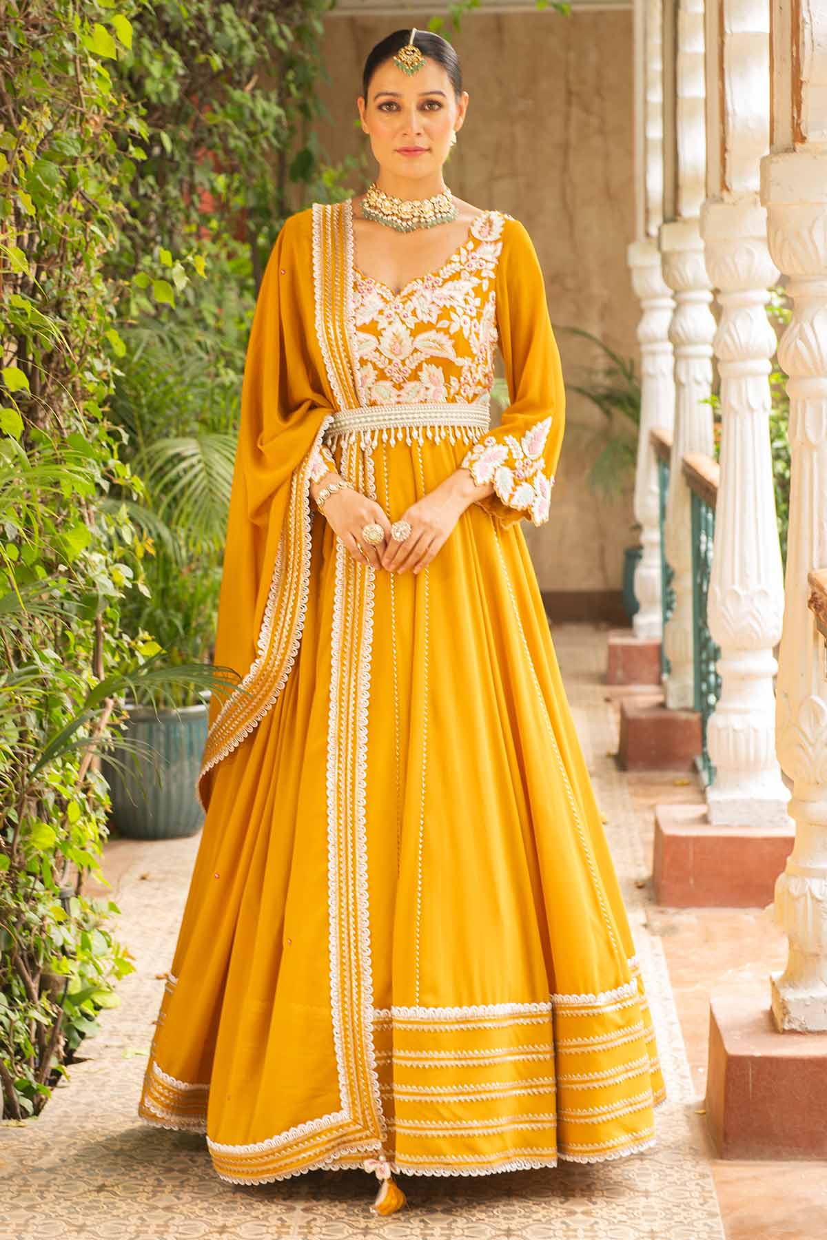 Ajiesh Oberoi Mustard Flared Anarkali Set for women online at ScrollnShops