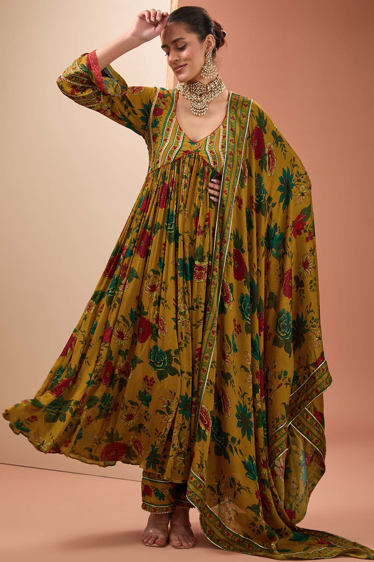 Designer Neha Khullar Mustard Floral Anarkali Set for Women Online