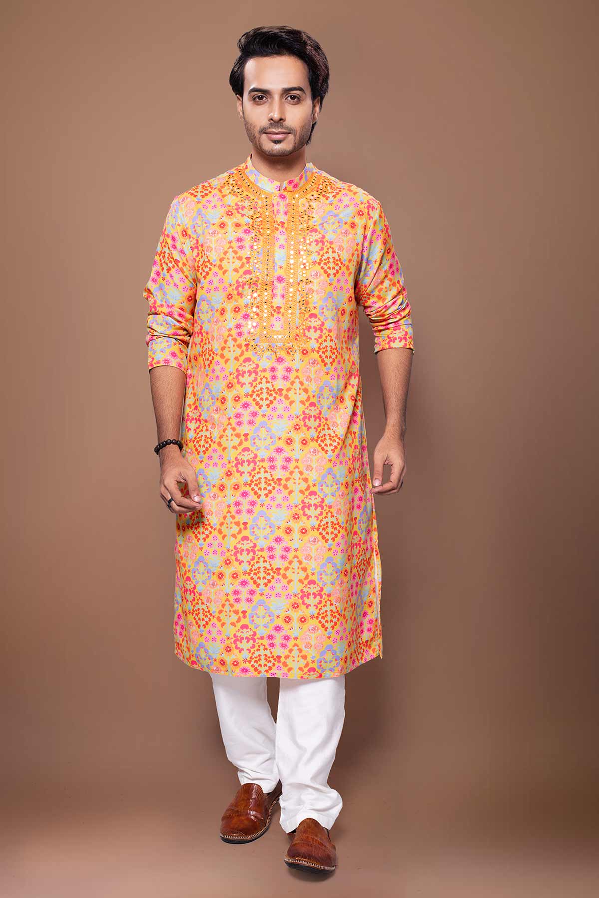 Buy Mustard Floral Kurta & Pants for men by Priyanka Haralalka online available at scrollnshops