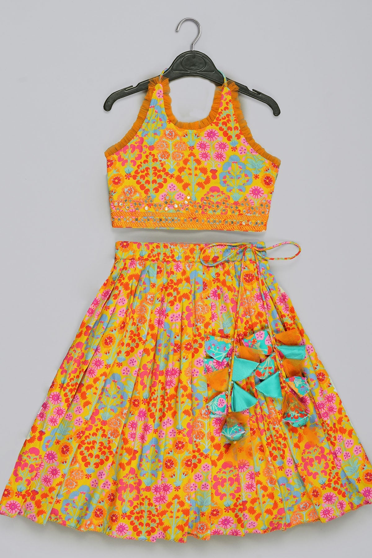 Buy Mustard Floral Print Lehenga Set for Kids by Little Brats Designer online available at scrollnshops