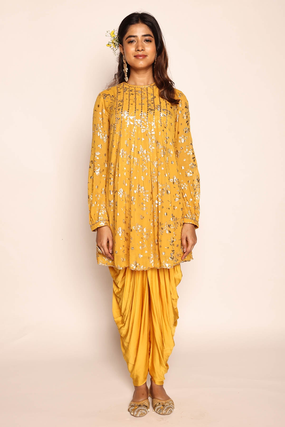 Mustard Foil Print Kurta & Dhoti at ScrollnShops
