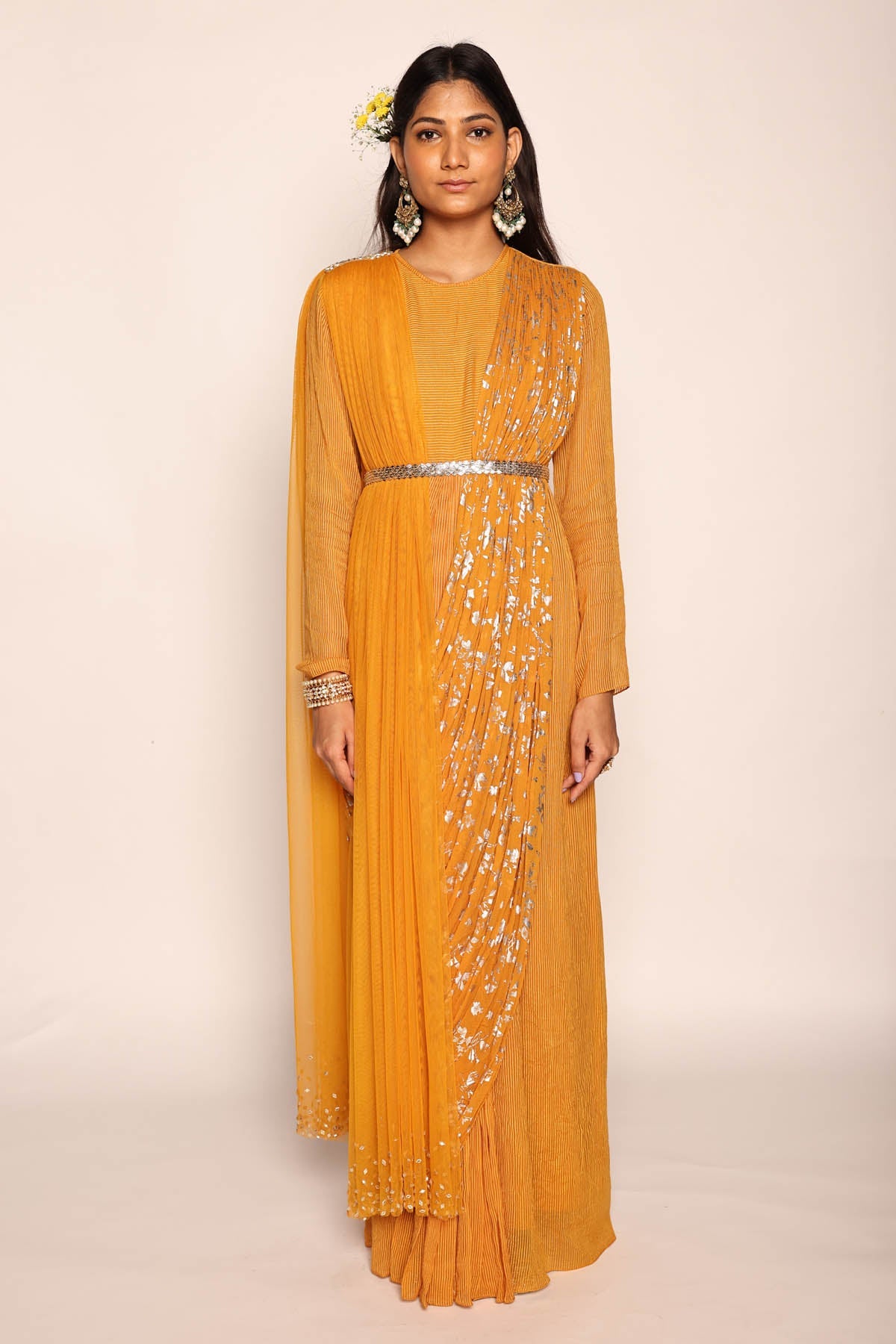 Mustard Foil Print Pre Drape Saree at ScrollnShops