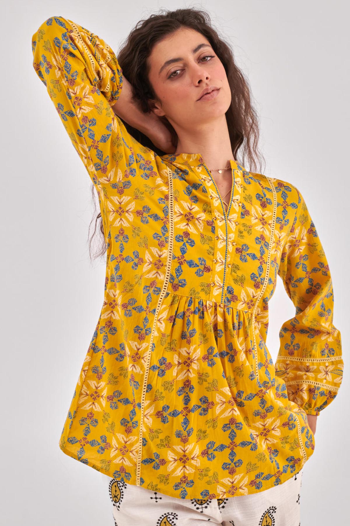 Buy Mustard Gathers Detailed Top for Women by Qomn Designer online available at scrollnshops