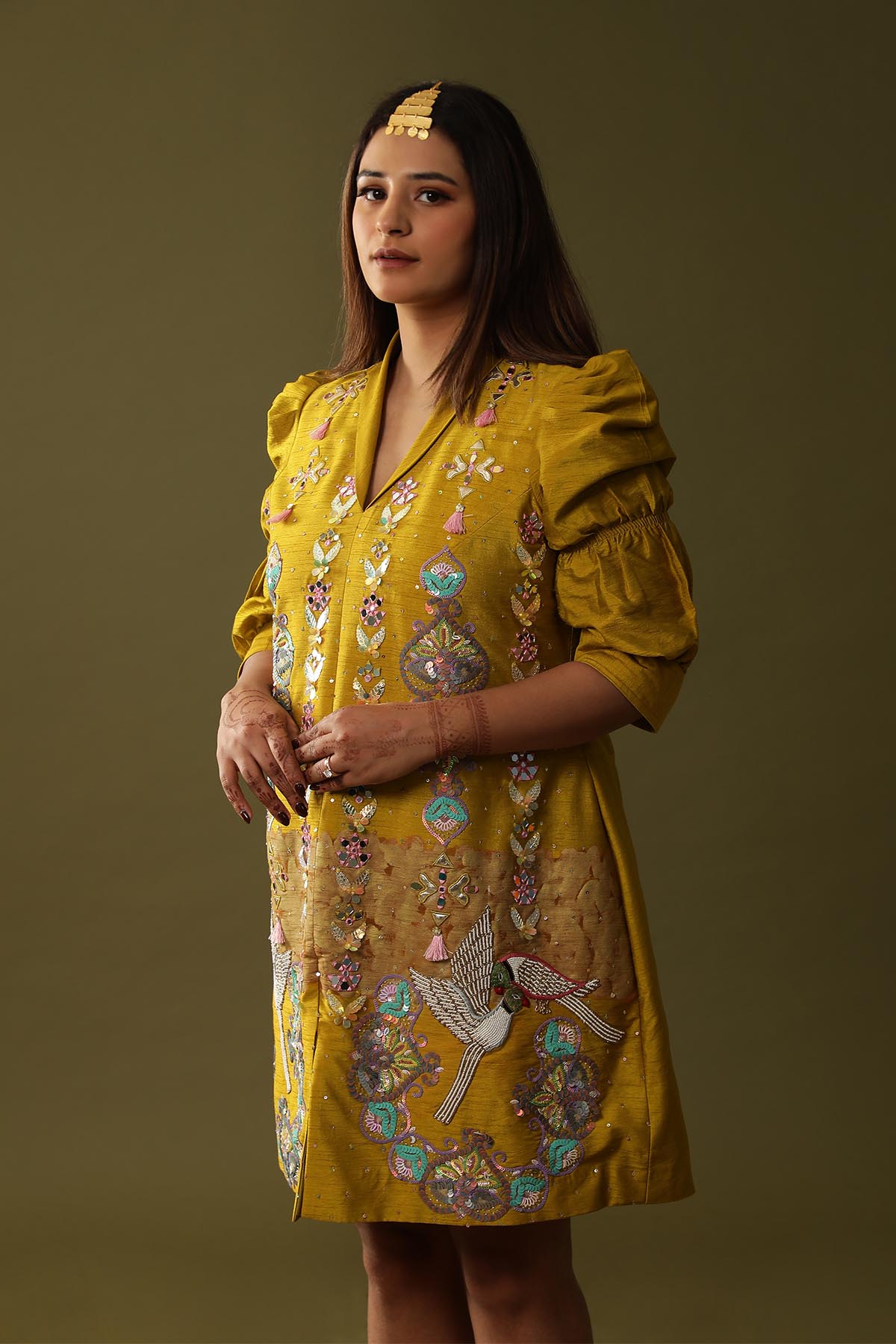 Mustard Hand Printed Mini Dress