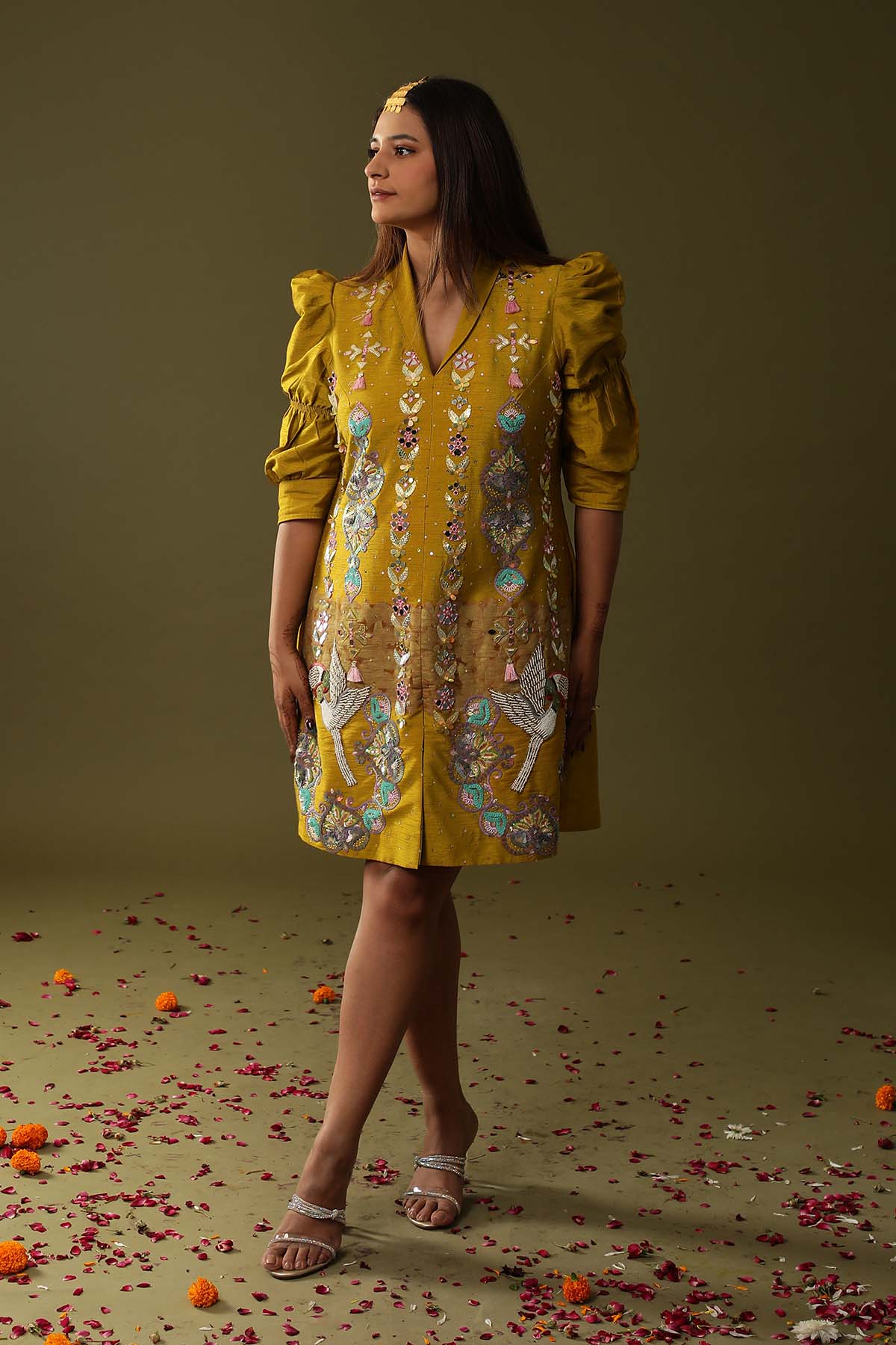 Buy Mustard Hand Printed Mini Dress by Arpita Sulakshana for women online at ScrollnShops