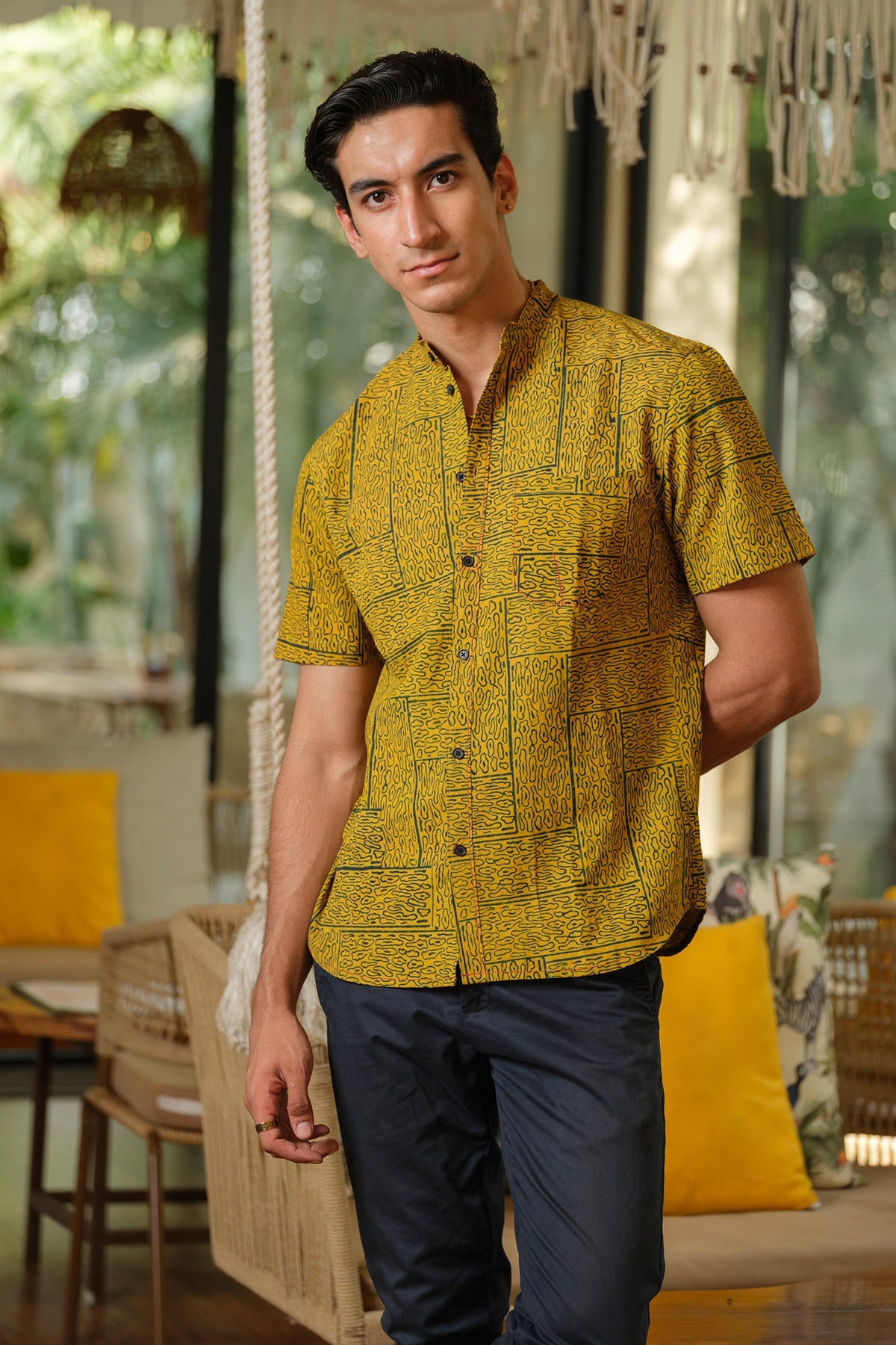 Buy Mustard Handblock Printed Shirt by Vasudhaa Vastrram for men online at ScrollnShops