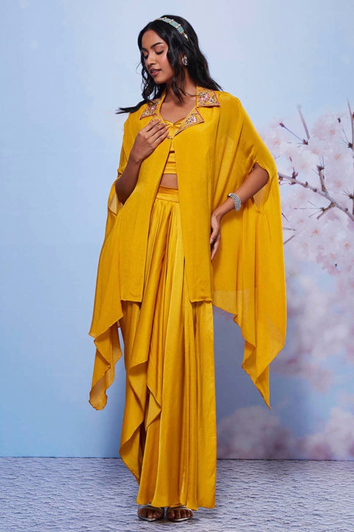 Ajiesh OberoiMustard Indo-Western Cape Set for women online at ScrollnShops