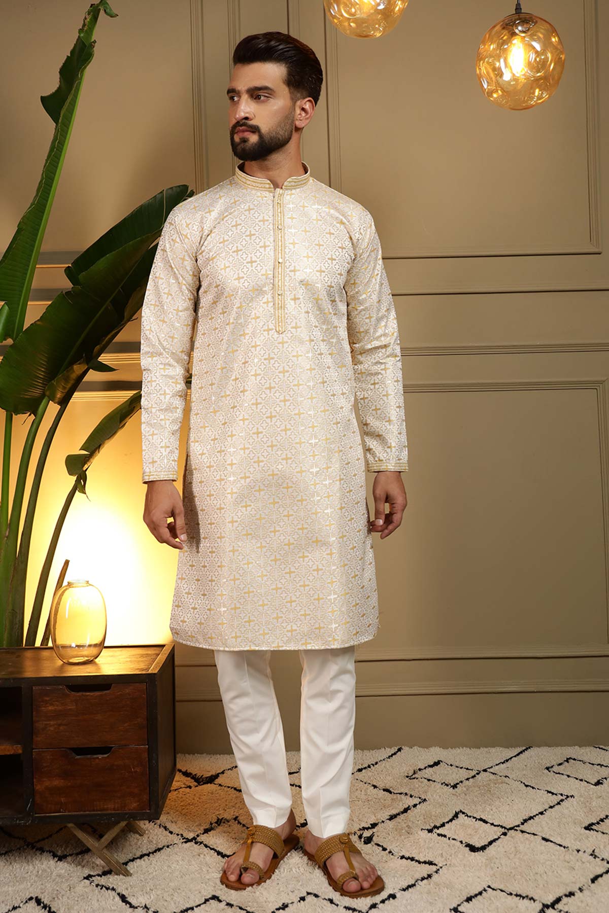 Buy Mustard Jacquard Kurta & Pants for men by Jyoti Fashion online available at scrollnshops