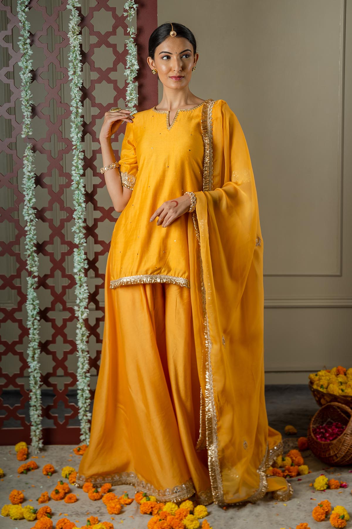 Mustard Lacework Sharara Set