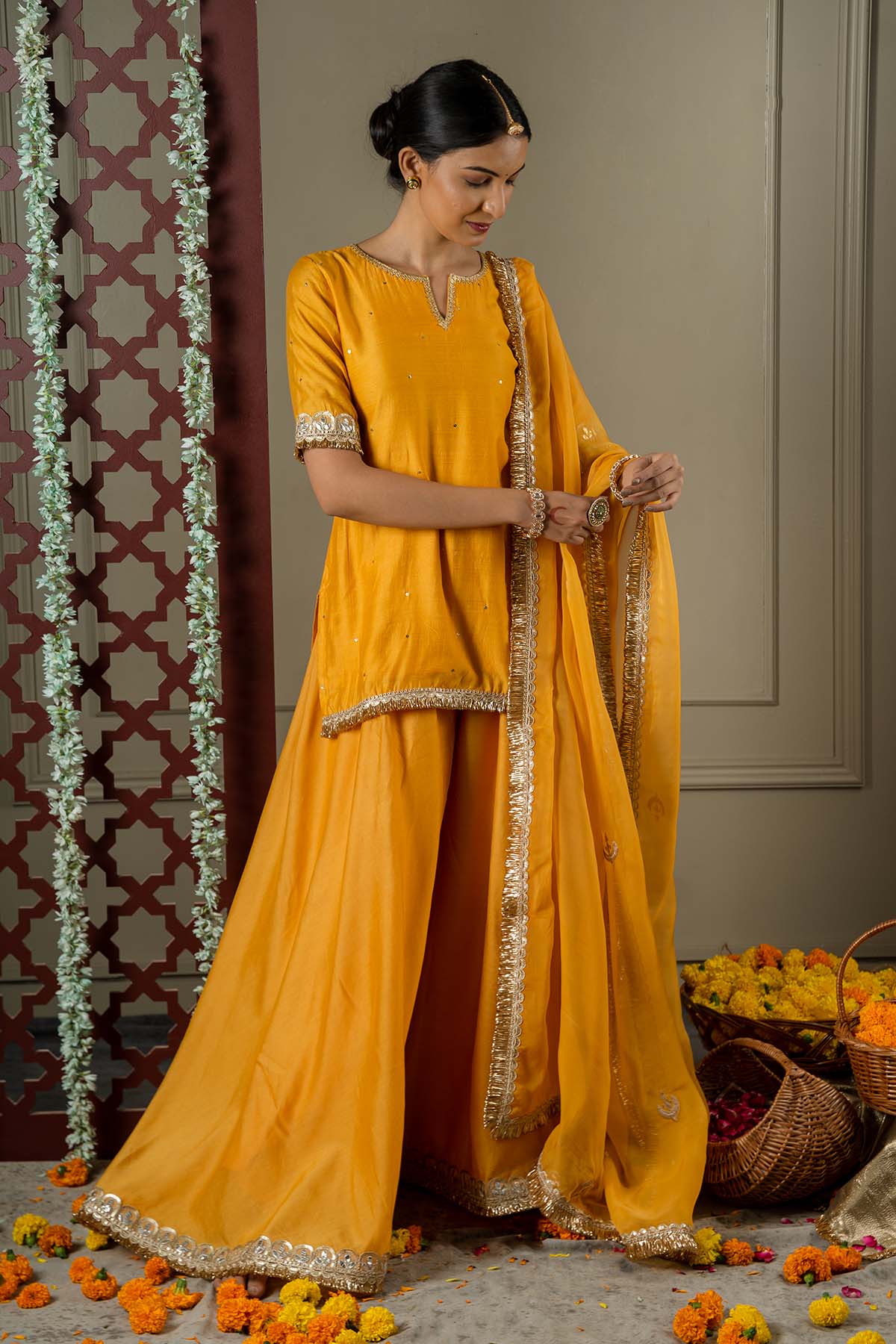 Buy Mustard Lacework Sharara Set by Shop Gulmohar for women online at ScrollnShops