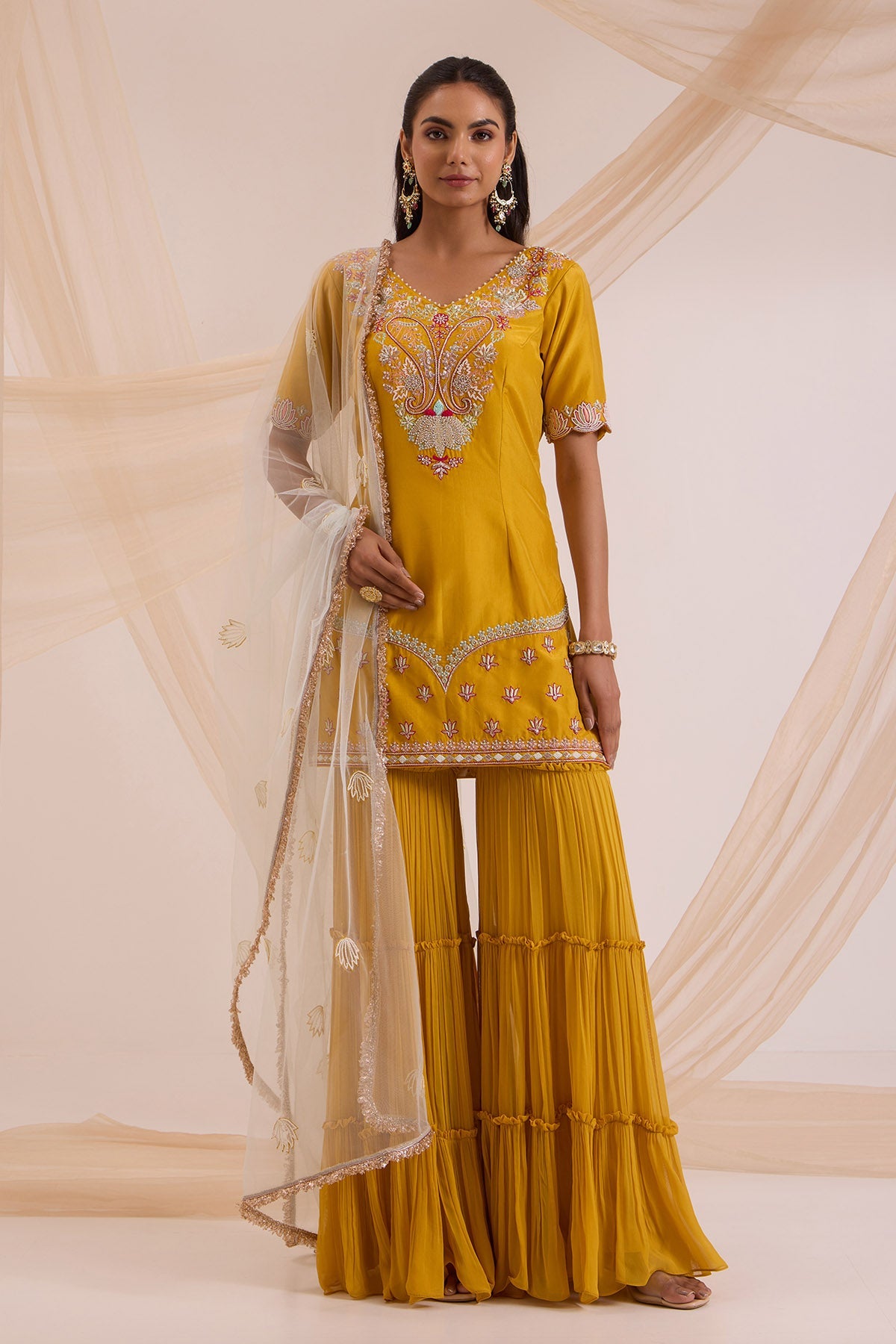 Buy Mustard Layered Gharara Set by Nitisha Kashyap for women online at ScrollnShops