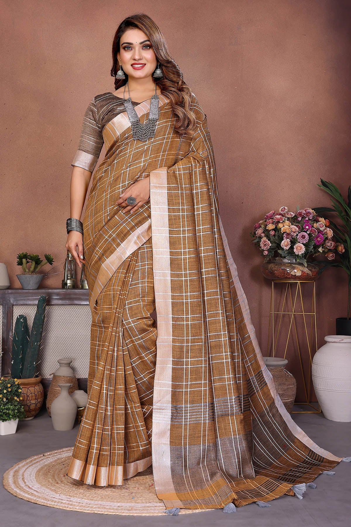 Buy Mustard Linen Saree And Blouse for women by Aastha Fashion online available at scrollnshops