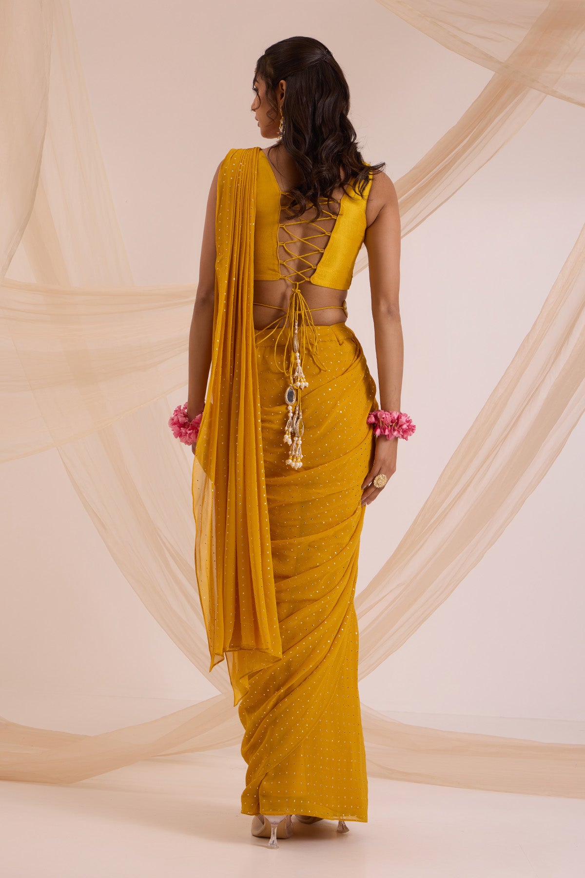 Mustard Mirror Embroidered Saree