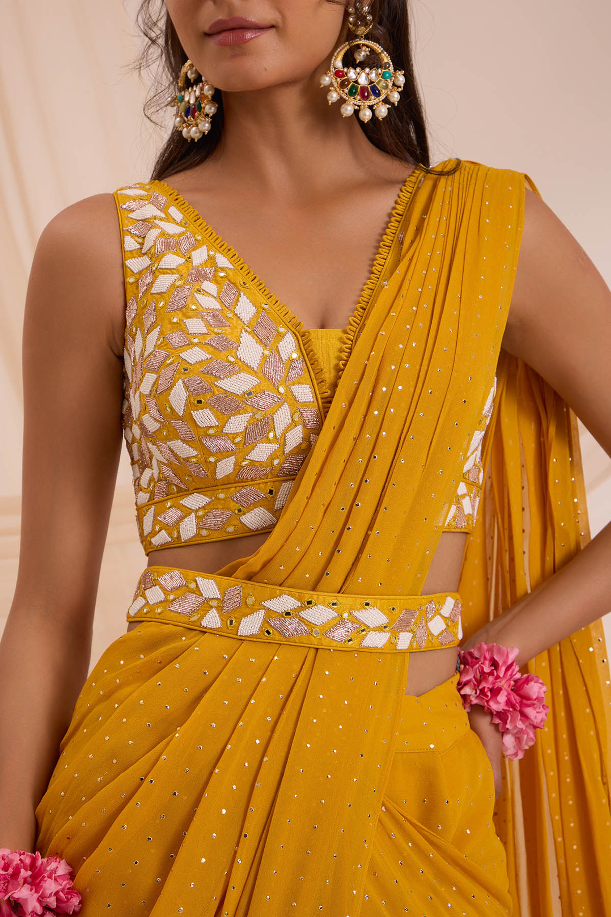 Mustard Mirror Embroidered Saree