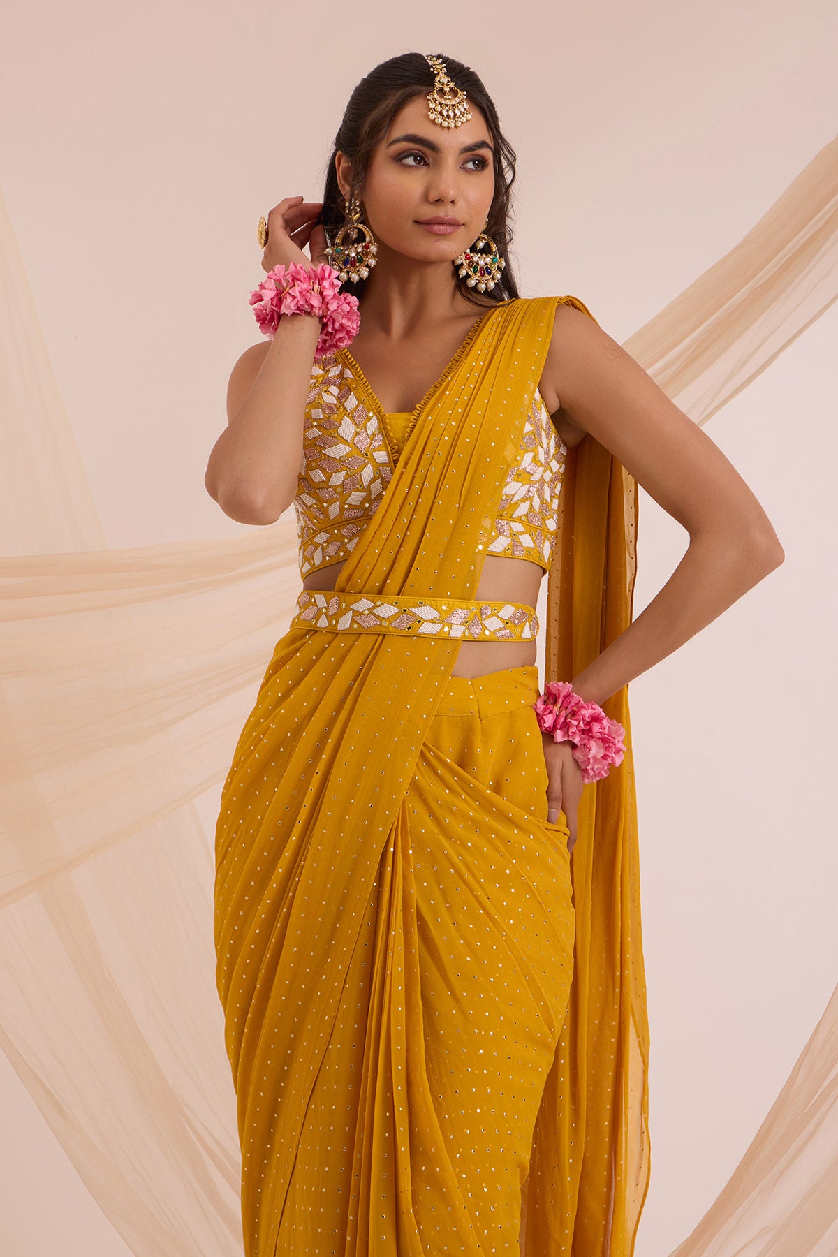Mustard Mirror Embroidered Saree
