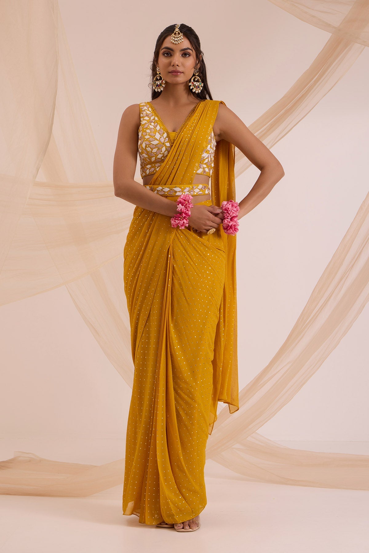 Buy Mustard Mirror Embroidered Saree by Nitisha Kashyap for women online at ScrollnShops