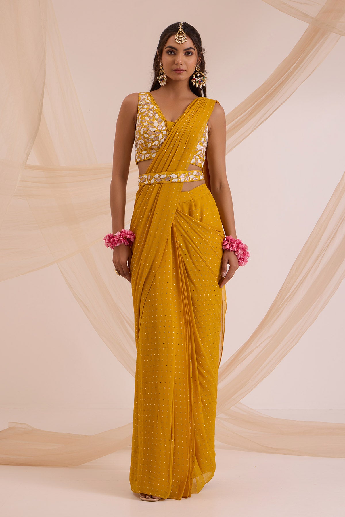 Mustard Mirror Embroidered Saree