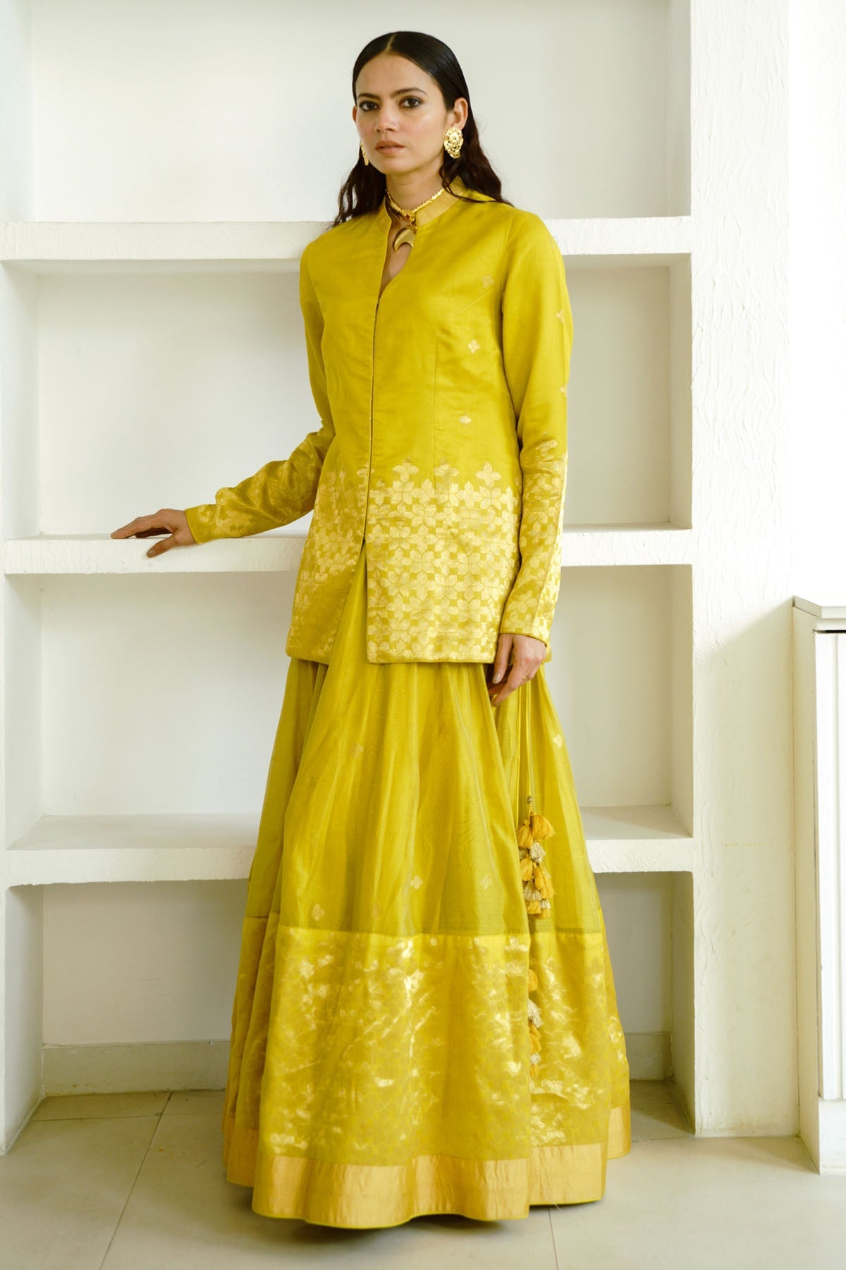 Wabi Sabi Mustard Mosaic Lehenga & Jacket For Women available at ScrollnShops