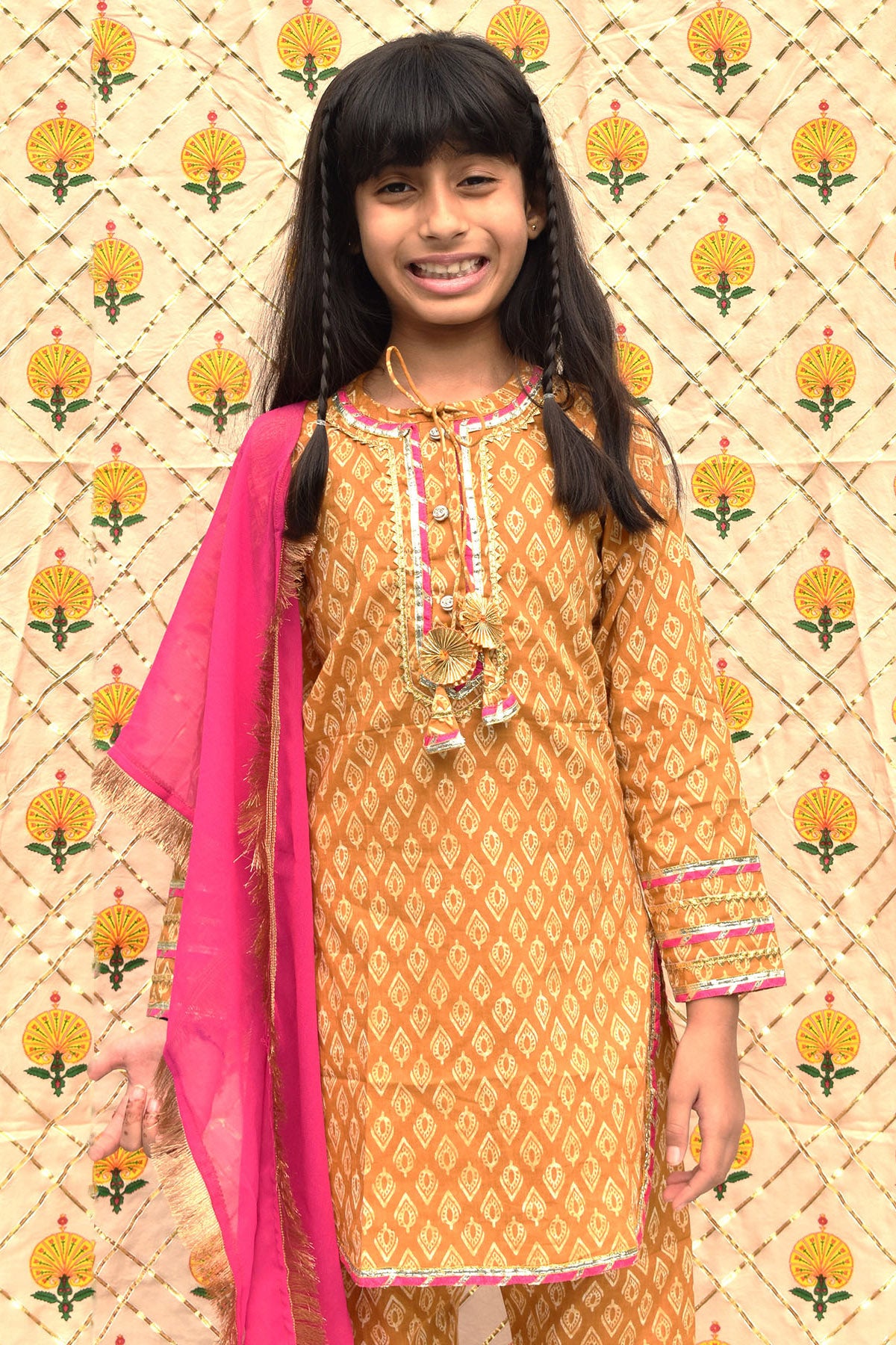 Mustard & Pink Cotton Kurta Set