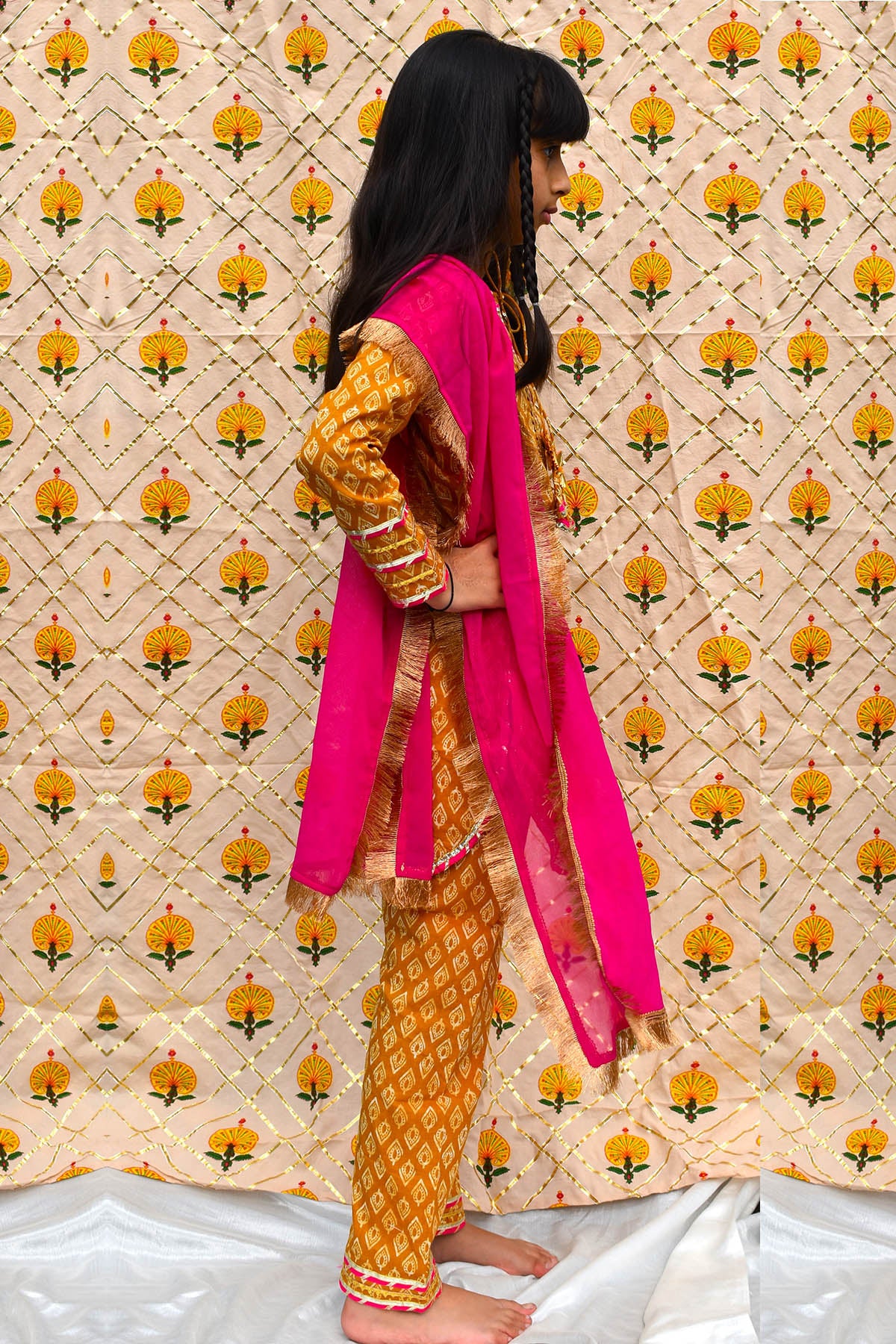 Mustard & Pink Cotton Kurta Set