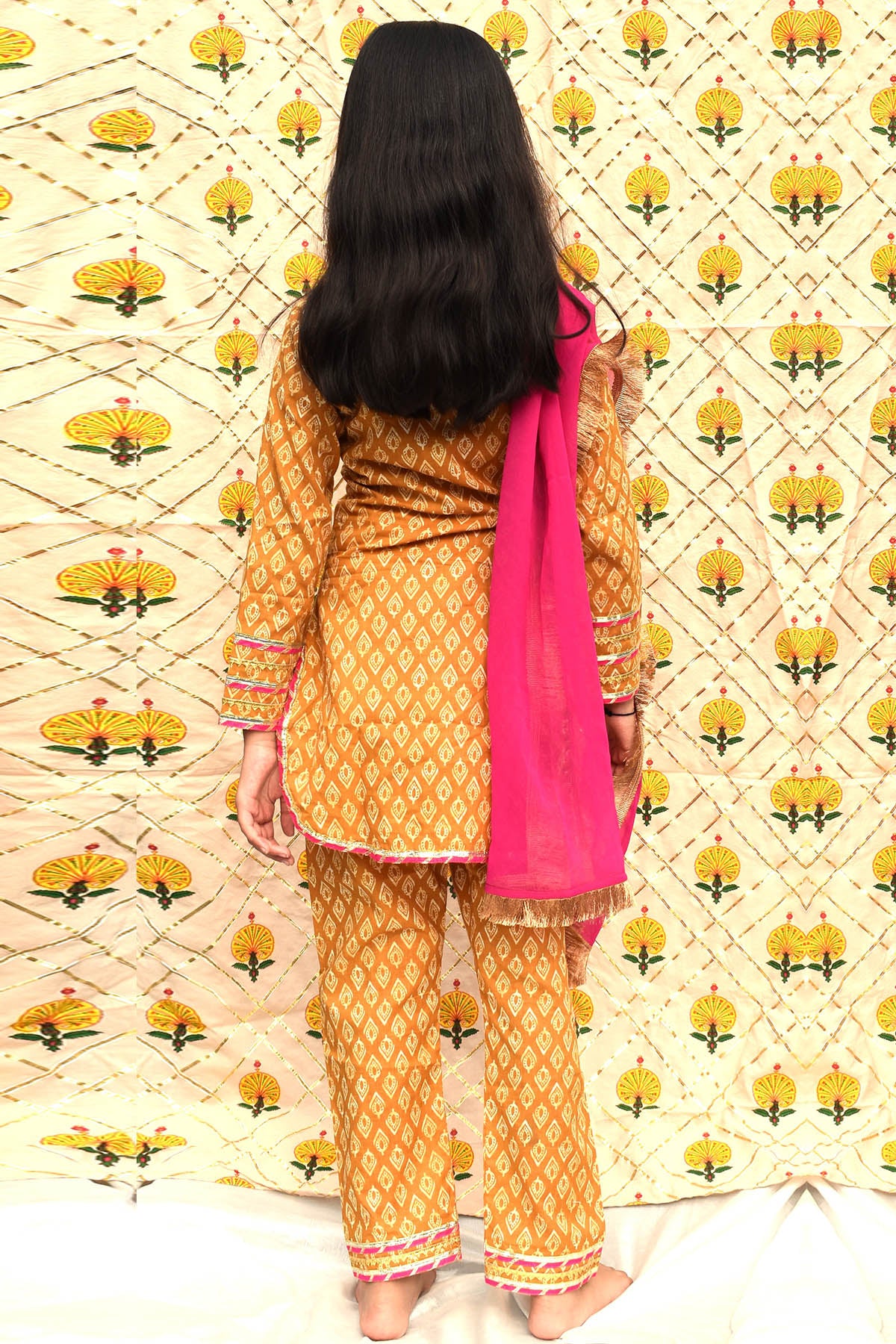 Mustard & Pink Cotton Kurta Set